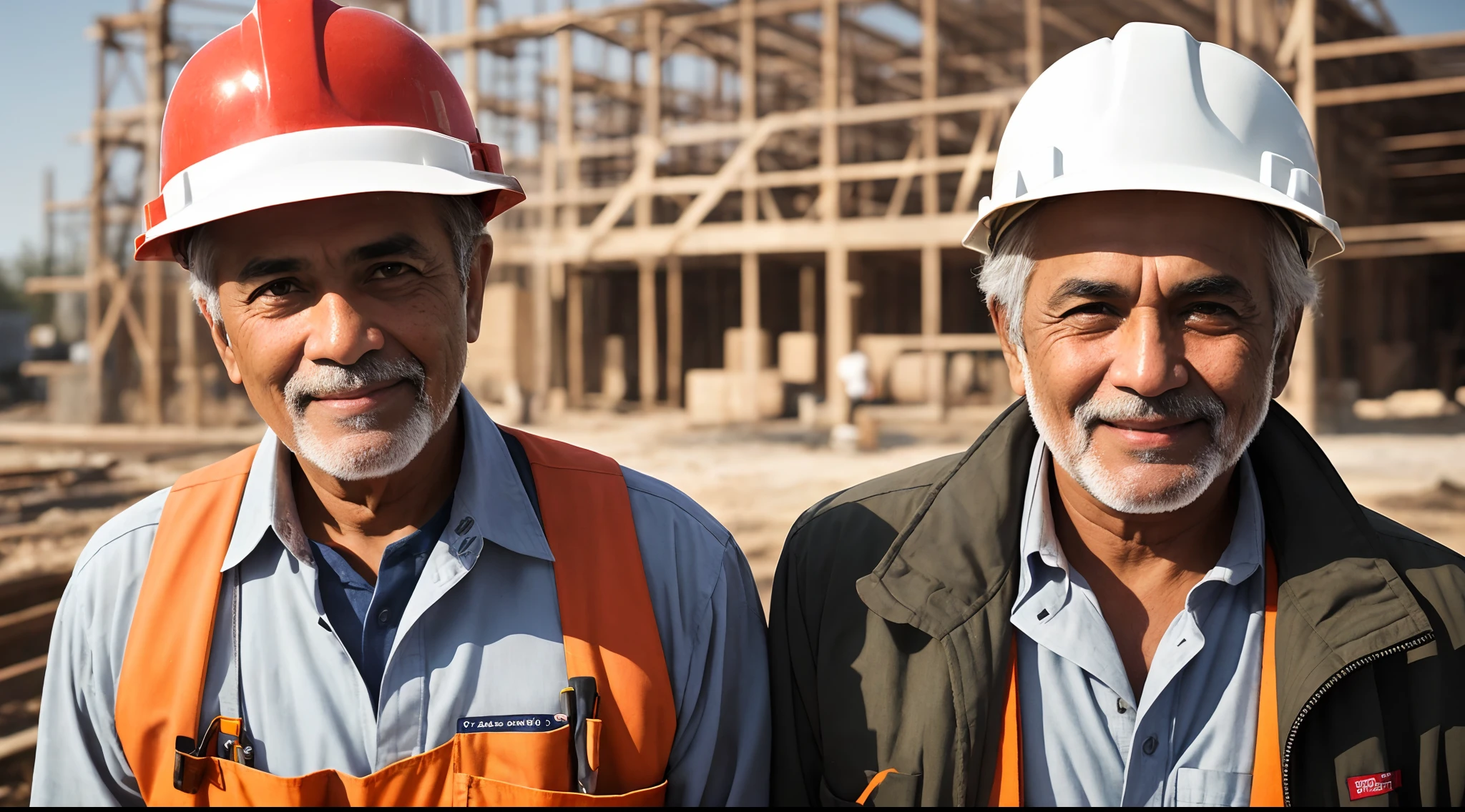 Instagram photo, full body closeup face photo of 58 y.o man Pakistani face, embracing him role as a construction worker, beautiful face, him warm smile contrasting with her rugged attire, portraying strength as a construction worker, Sony A6400 with 16-50mm f/3.5-5.6 lens, balanced outdoor light, lifestyle photography. bokeh, motion blur