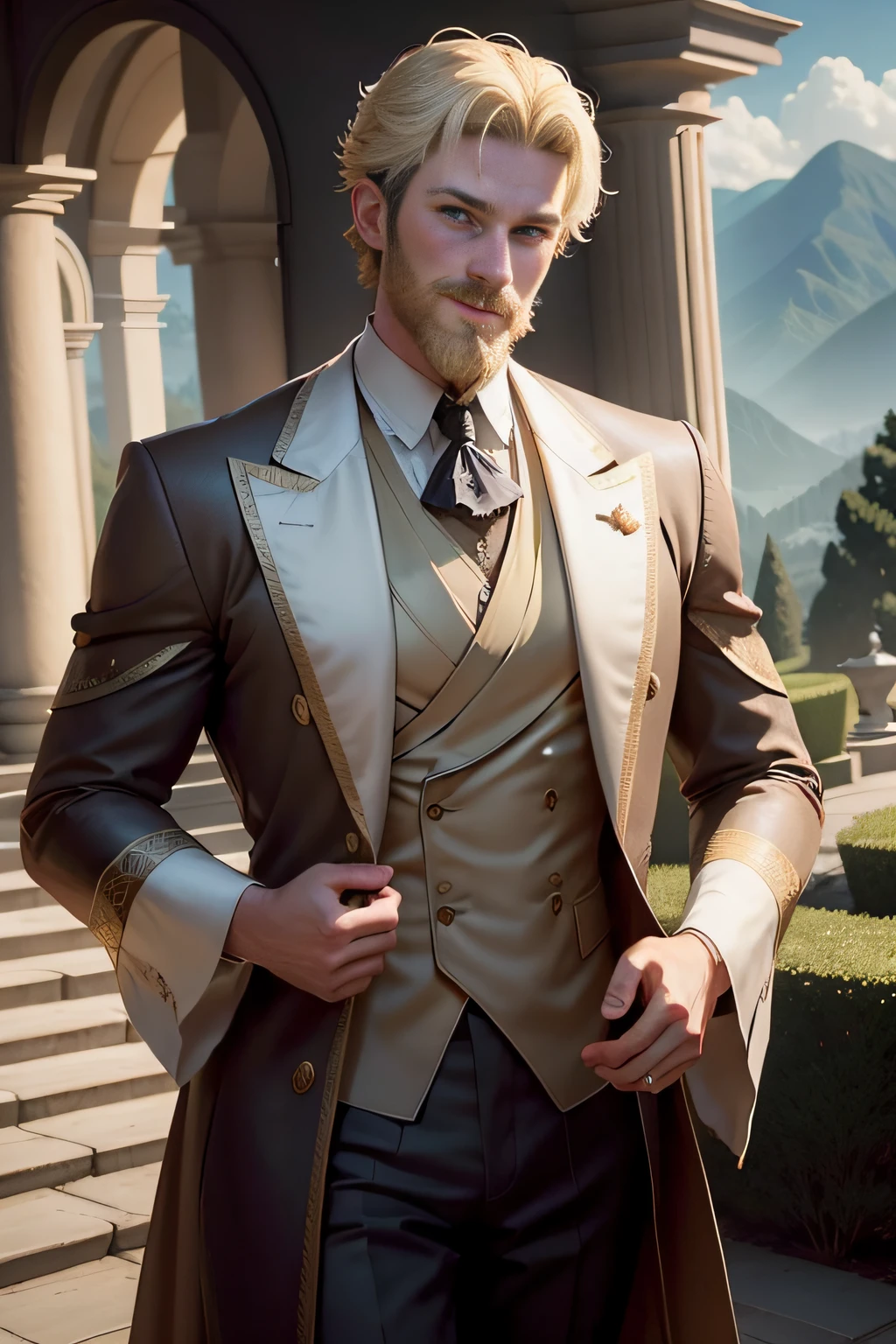 Blonde short-haired middle-aged graceful lord with graceful body、Bold smile　Nice middle in an aristocratic costume with a very mild-mannered face　Blonde beard smile under the nose　Blue eyes　In front of a large mansion　Wide lawn　Forests and mountains in the distance々　realisitic　accurate detail　unrealengine