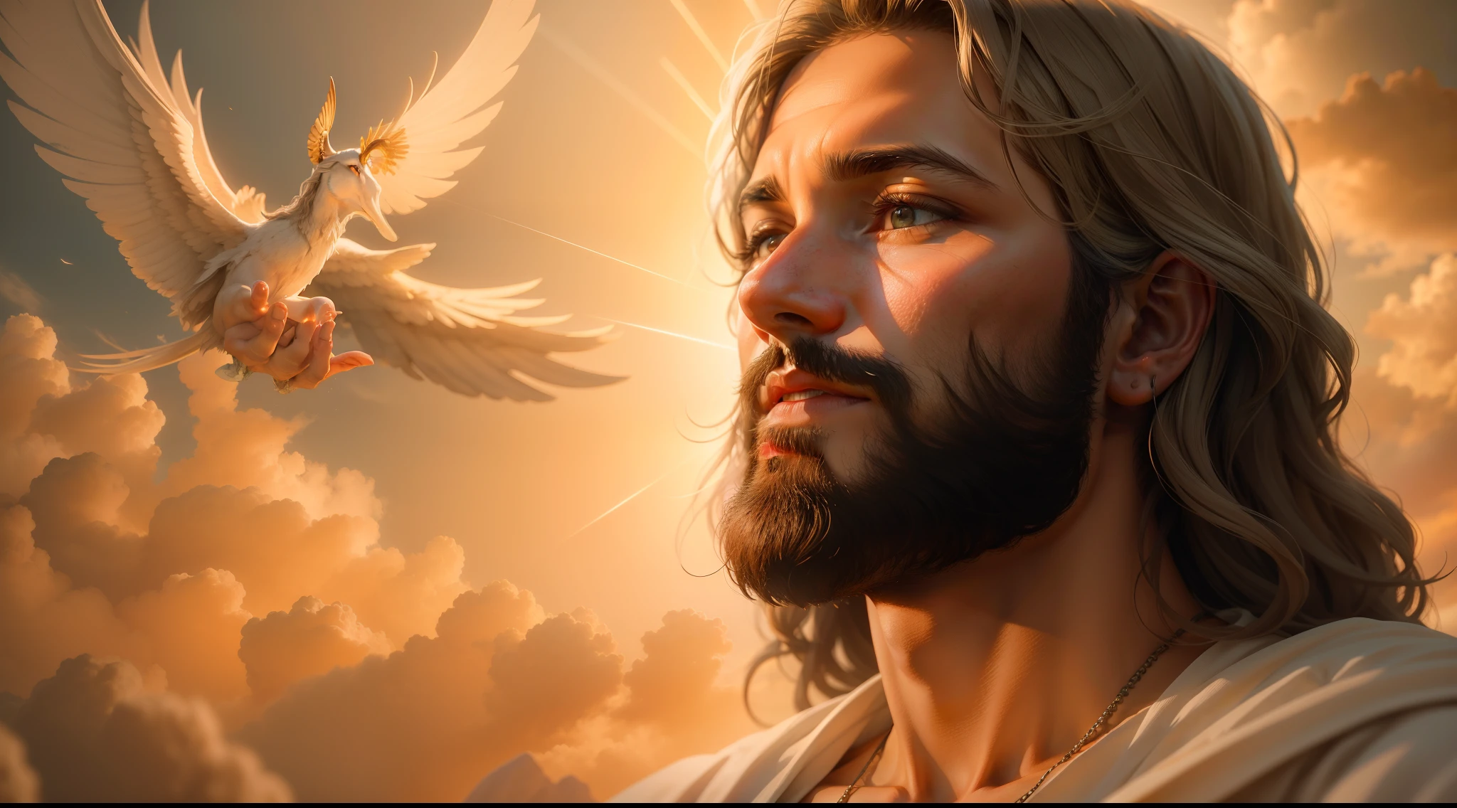 Nesta cena, Jesus is portrayed in heaven, irradiando divindade e serenidade. The atmosphere is ethereal, com suaves raios de luz iluminando os arredores. The composition is carefully framed, capturando Jesus no centro, surrounded by a paradisiacal setting. The camera zooms in to capture all the intricate details, showing the divine characteristics and expression of Jesus. His eyes reflect compassion and wisdom, enquanto seu sorriso sereno exala paz e amor. Dramatic lighting increases the depth and mood of the scene, creating a sense of wonder and reverence. The image is captured with an ultra-detailed camera, garantindo que cada nuance e textura seja fielmente reproduzida. Resolution is set to 8K, proporcionando clareza e realismo impressionantes. Photorealistic rendering brings Jesus to life, Capture the essence of your presence in a tangible and compelling way. The ratio is set to 4:3, allowing a balanced and classic composition. The version used is Midjourney 5.2, Leveraging the latest advances in imaging technology. Camera settings are set to automatic, optimizing exposure and focus to capture the scene in its utmost beauty. No geral, the scene depicts Jesus in all his glory, conveying a sense of divine presence and peace. The combination of ultra-detailed photography, Dramatic lighting and high-resolution rendering create a visually stunning and emotionally resonant depiction of Jesus in heaven.