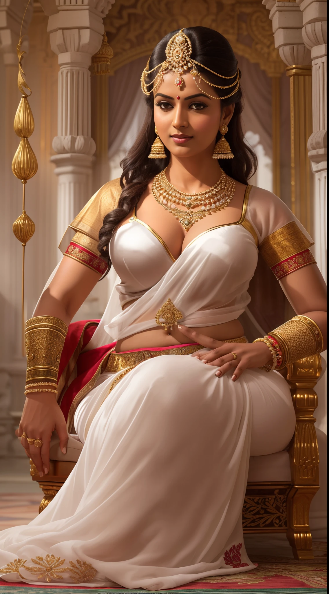 Sitting image of sexy lusty Desi woman in kerala royal maharani thamburatti slightly transparent white warrior dress, sexy busty thighs and navel, Jasmine flowers on hair, her big bust covered with just jewels and ornaments and jasmine flower curvy sexy busty thighs navel and waist chain and warrior mode holding thin sword and armour lusty face and expressions, throne behind her, royal room