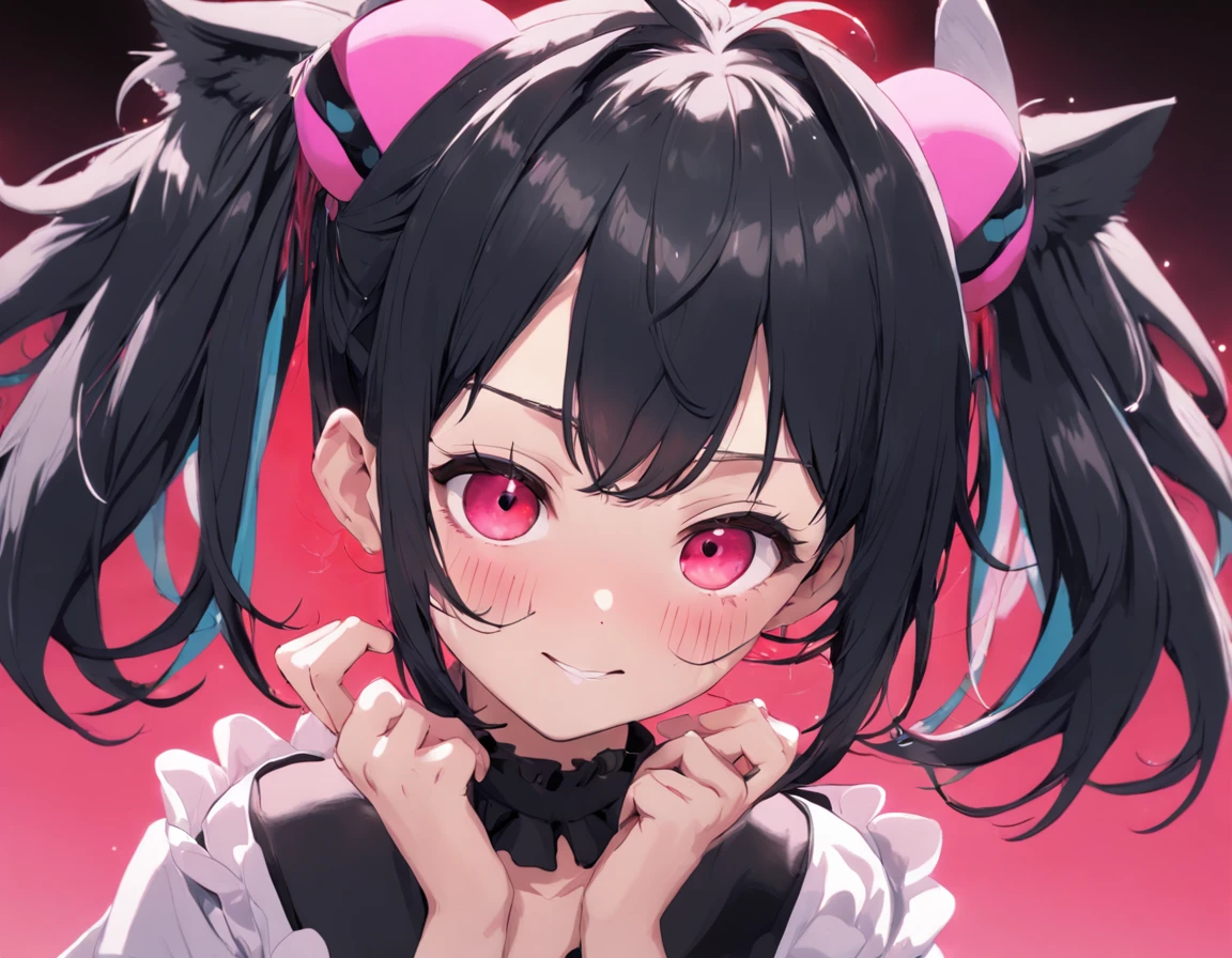 black hair, hair bobbles, wince, longeyelashes, solid circle eyes, fake animal ears, light smile, ear blush, fang, Surrealism, drop shadow, anaglyph, stereogram, tachi-e, pov, atmospheric perspective, 8k, super detail, ccurate, best quality