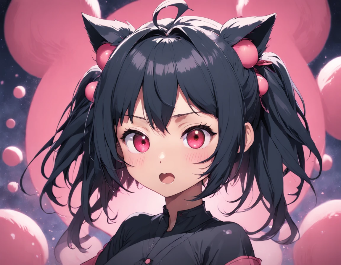 black hair, hair bobbles, wince, longeyelashes, solid circle eyes, fake animal ears, light smile, ear blush, fang, Surrealism, drop shadow, anaglyph, stereogram, tachi-e, pov, atmospheric perspective, 8k, super detail, ccurate, best quality