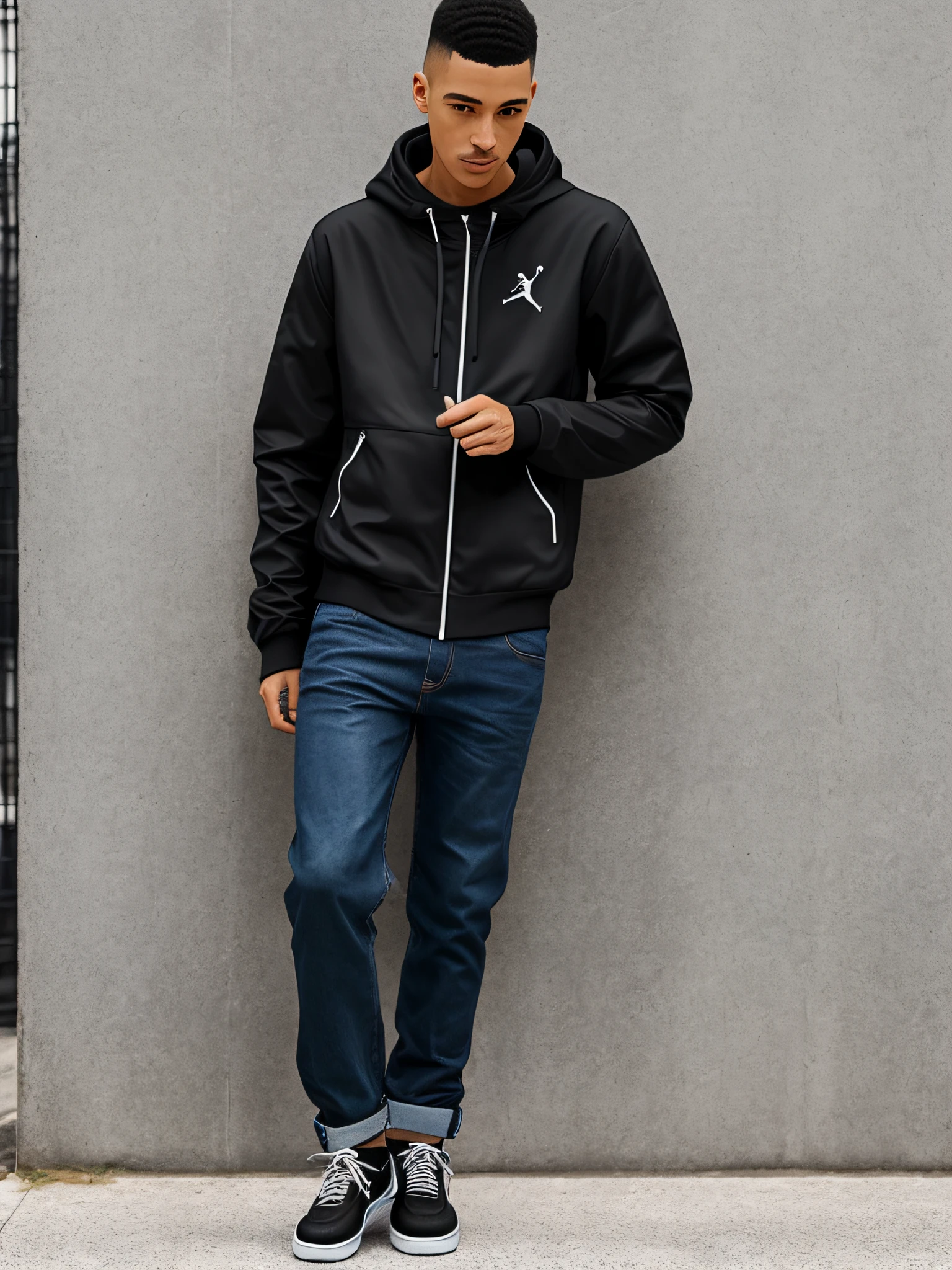 ((Lookbook)), imagen realista, 8k, imagen detallada, 1hombre, (hombre negro), small-nose, large lips, ojos negros, marked jaw, contextura delgada, jeans holgados, campera negra, snekaers air jordan, al aire libre, mid day, cancha de baloncesto de fondo, cancha callejera, aro de basquetbol, fondo colorido, sombras detalladas, High Definition Image, realismo