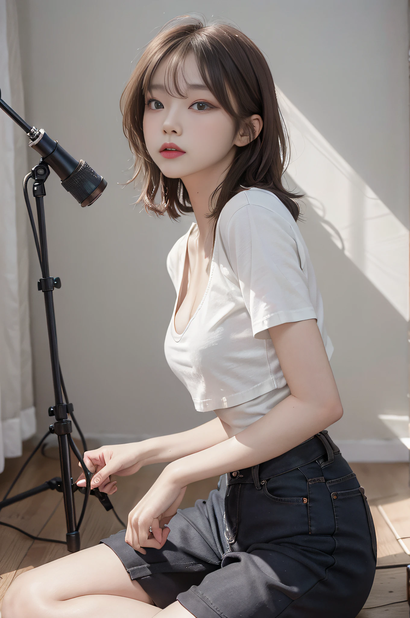 a potrait of a beautiful korean idol, 23 years old, short brown hair, white shirt, blue jeans, perform on the stage, holding a light stick, breast 1:2, (50 mm leica lens)