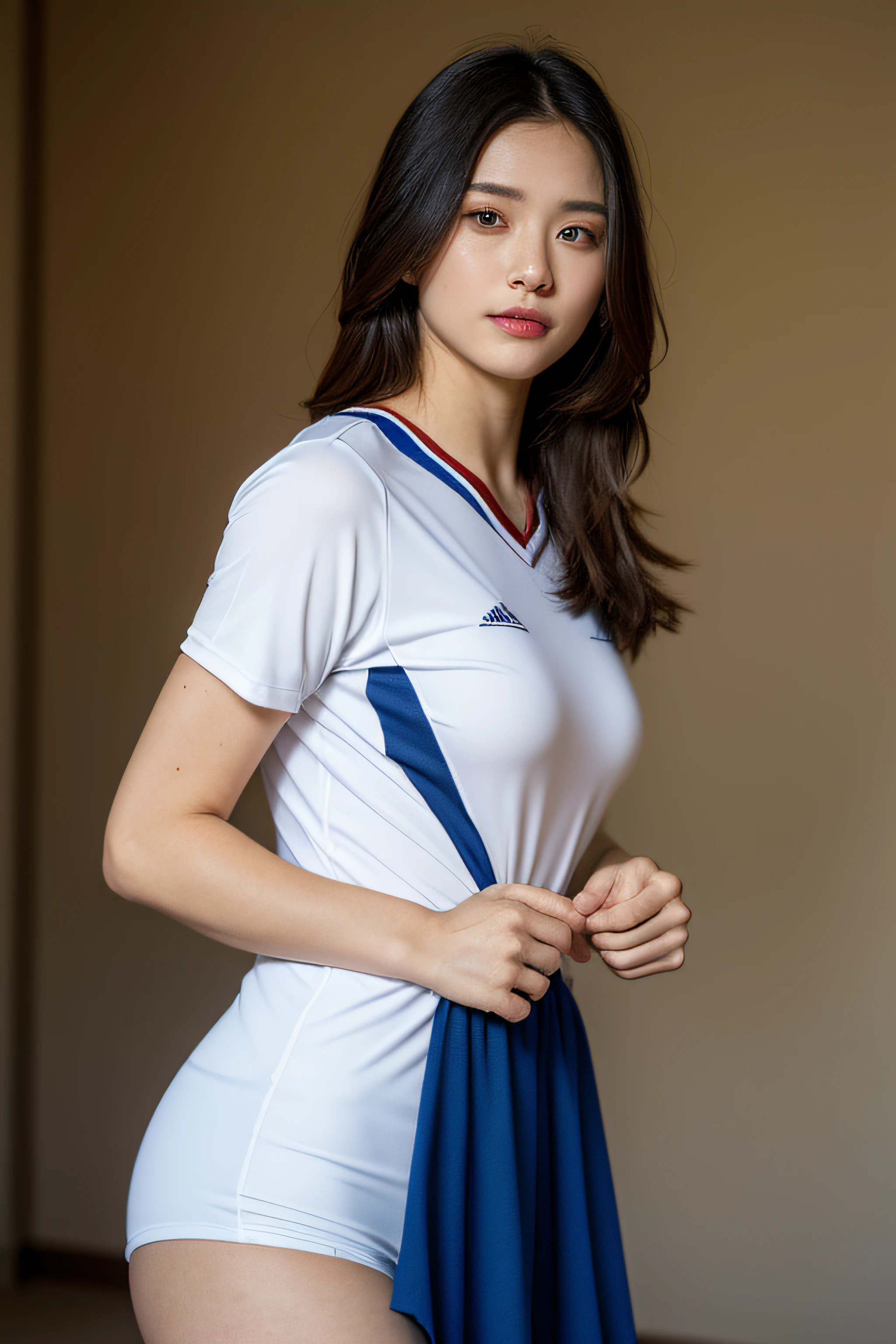 (Photoreal: 1.4), (Hyper-realistic: 1.4), (Realistic: 1.3), (Smooth lighting: 1.05), (Improved cinematic lighting: 0.9), 32K, 1 girl, 20 year old girl, Realistic lighting, Backlight, Face Light, raytrace, (Whitening light: 1.2), (Image enhancement: 1.4), ( Top quality real skins: 1.4), Narrow eyes, Fine face, Narrow eyes, (Body Line Mood Increase: 1.1), Oversized breasts, Big, (Skin Texture Enhancement Beauty: 1.1),Volleyball uniform:1.4, Indoor_Volleyball_court_Background:1.4, thighs thighs thighs thighs, Protruding , Crotch