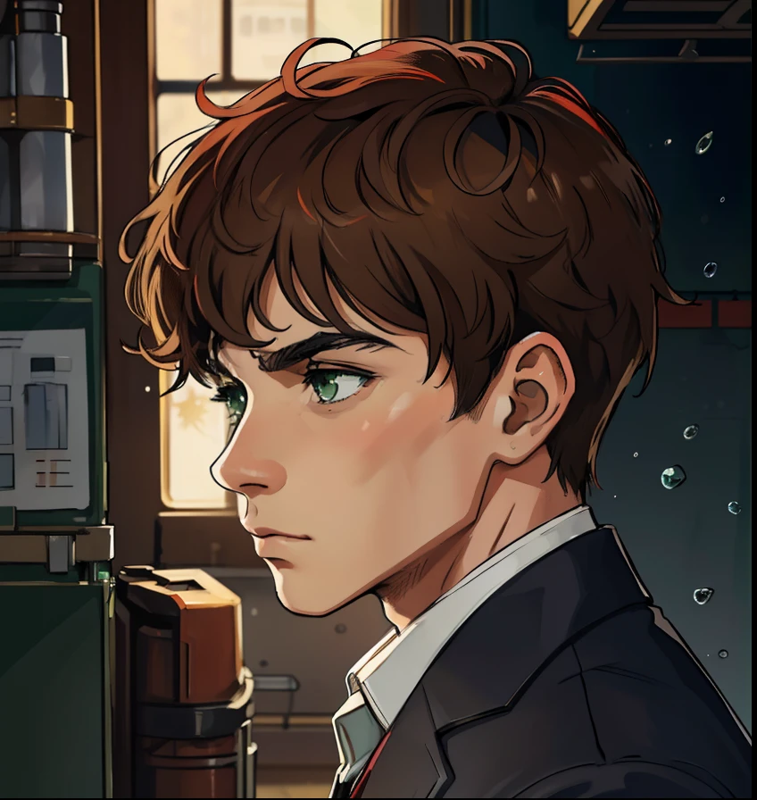 (master piece, best quality), intricate details, 8k, season art, wallpaper, Official Art, splash art, sharp focus,
1 boy, side profile, green eyes, short hair above the ear, light brown, looking to the side, red school uniform, science lab in the background, futuristic technology