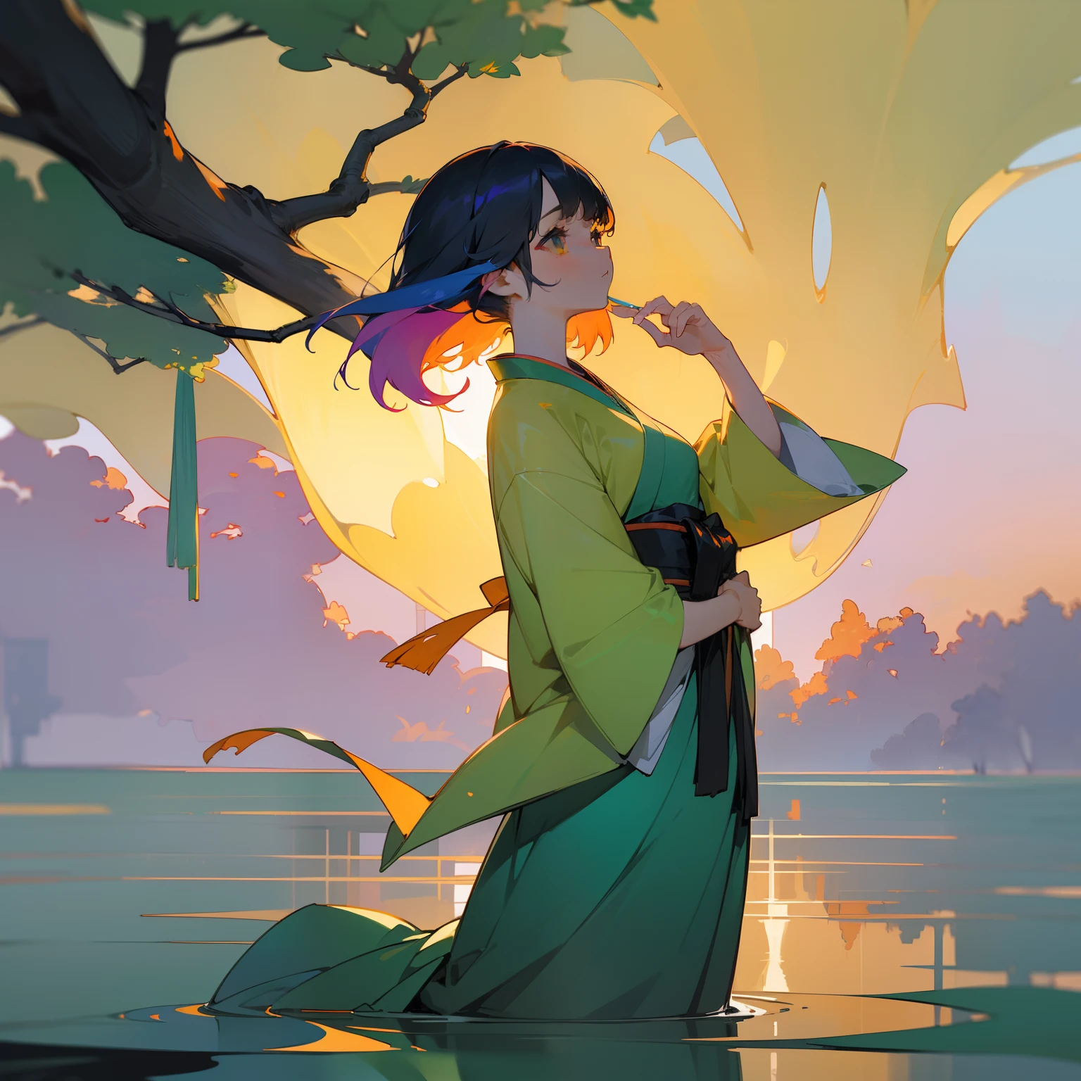 (Beautifully Aesthetic:1.2)、(1girl in:1.3)、(colourful hair、half black、Half Orange:1.2)、Eau、liquids、natta、colourfull、Beautiful sunset、Fantastic Twilight、Big ginkgo tree、Lots of gingko leaves are dancing、Japanese dress、Gentle expression、