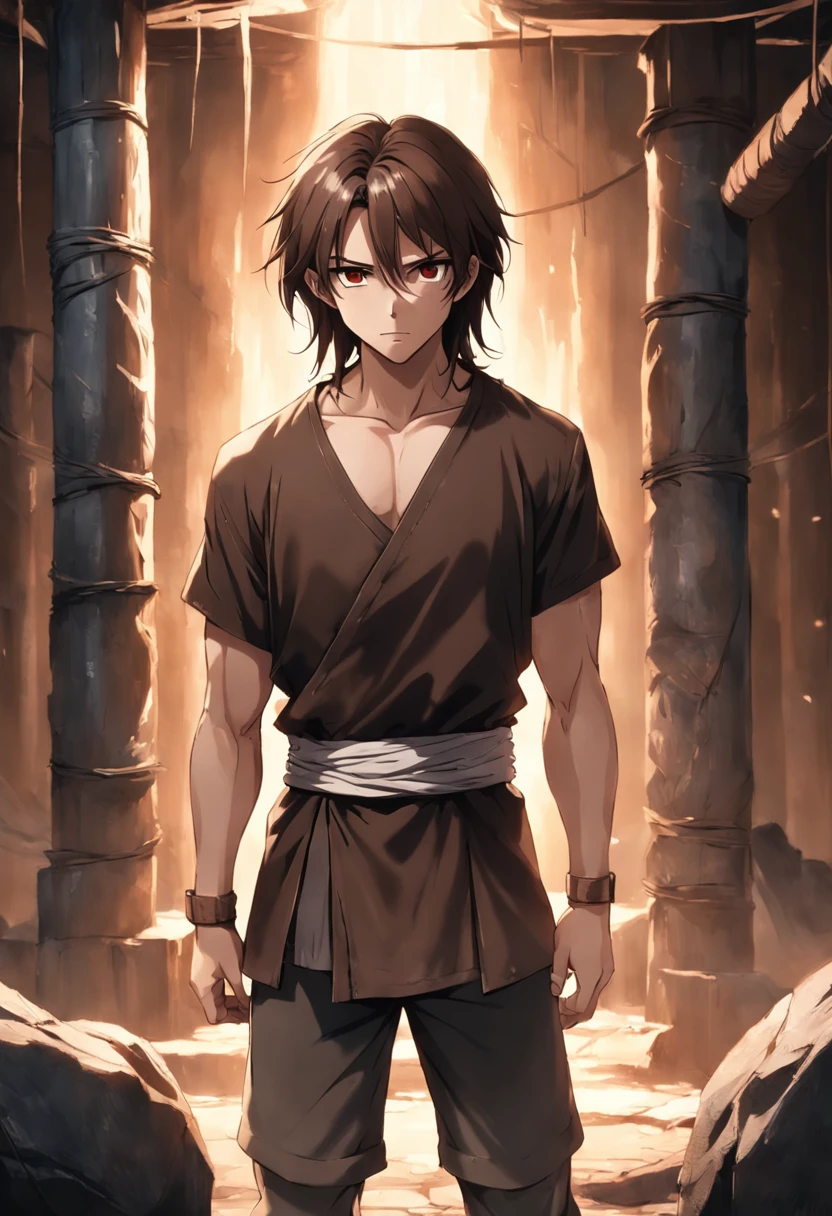 8k realistic image of handsome man, 25 years old, long brown hair, brown eyes, hateful expression, dressed in simple black casual shirt, black bandages wrapped around his arms, standing in a large rustic underground dungeon