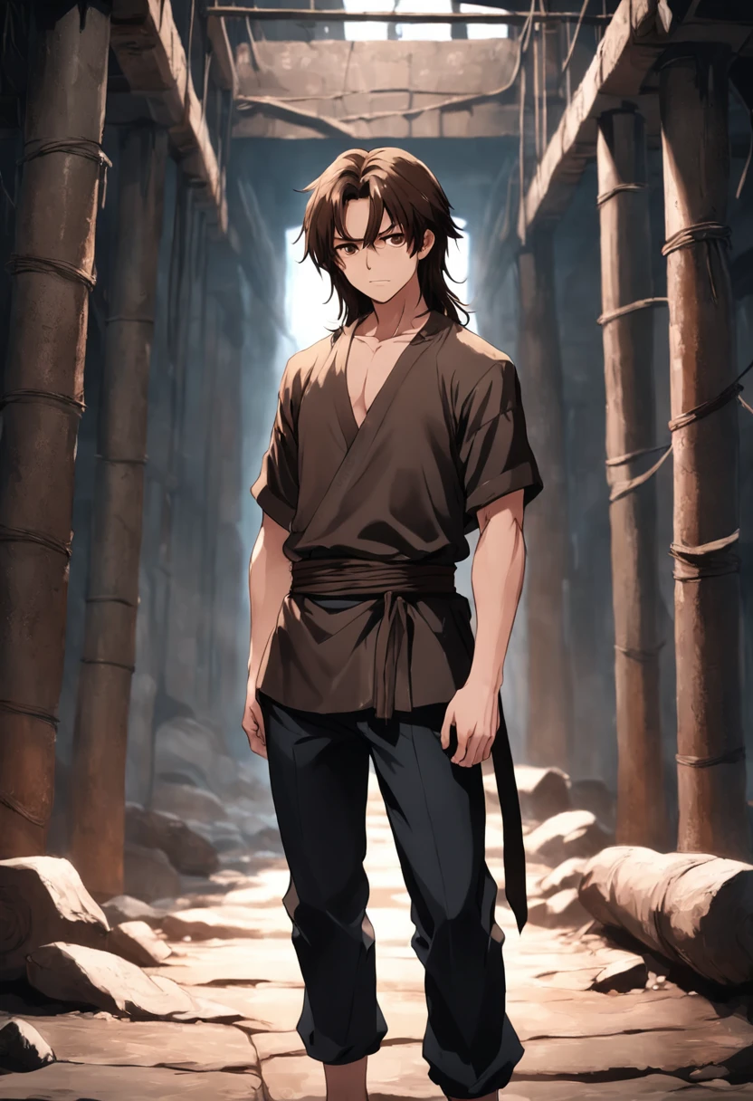 8k realistic image of handsome man, 25 years old, long brown hair, brown eyes, hateful expression, dressed in simple black casual shirt, black bandages wrapped around his arms, standing in a large rustic underground dungeon