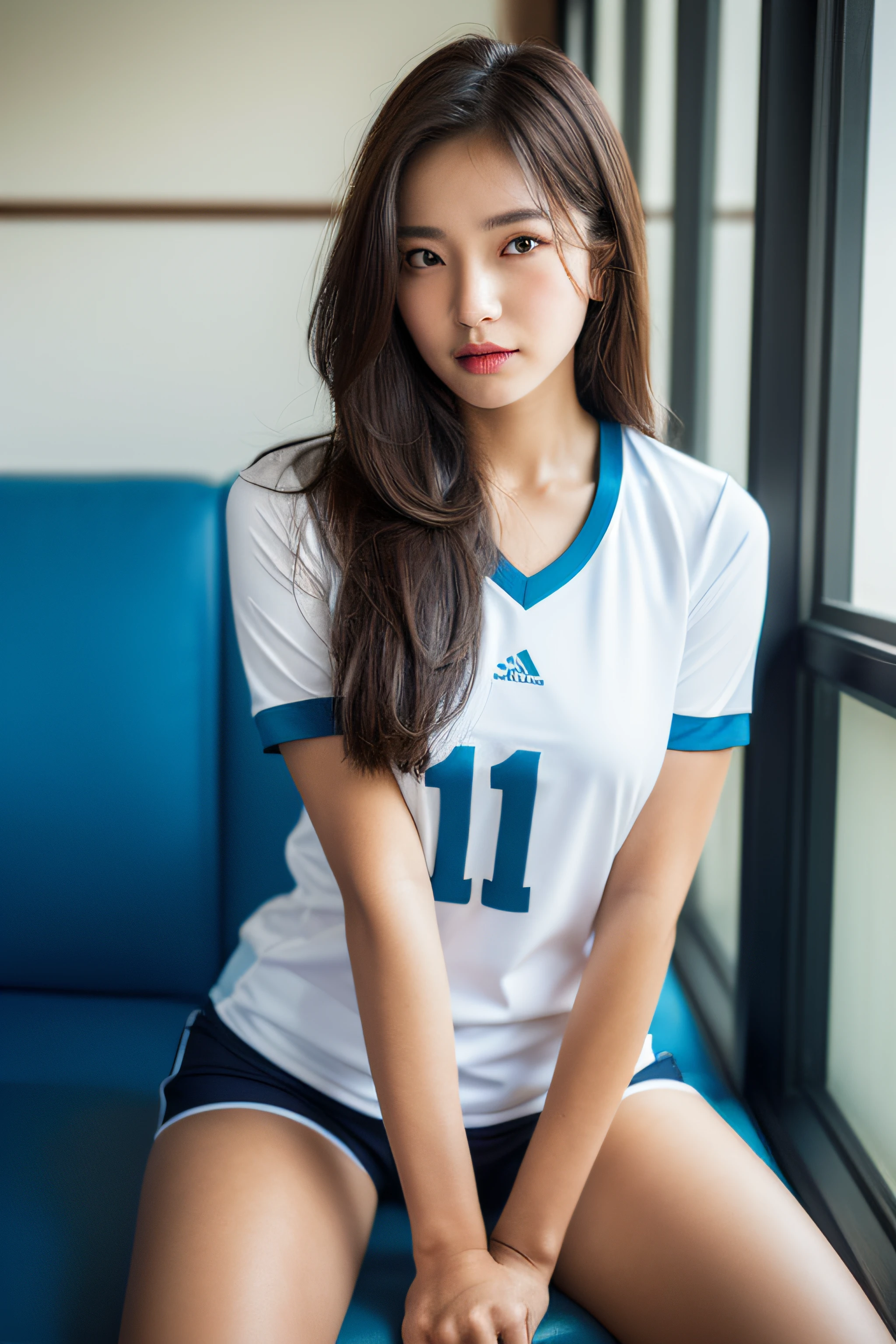 (Photoreal: 1.4), (Hyper-realistic: 1.4), (Realistic: 1.3), (Smooth lighting: 1.05), (Improved cinematic lighting: 0.9), 32K, 1 girl, 20 year old girl, Realistic lighting, Backlight, Face Light, raytrace, (Whitening light: 1.2), (Image enhancement: 1.4), ( Top quality real skins: 1.4), Narrow eyes, Fine face, Narrow eyes, (Body Line Mood Increase: 1.1), Oversized breasts, Big, (Skin Texture Enhancement Beauty: 1.1),Volleyball uniform:1.4, Indoor_Volleyball_court_Background:1.4, thighs thighs thighs thighs, Protruding , Crotch