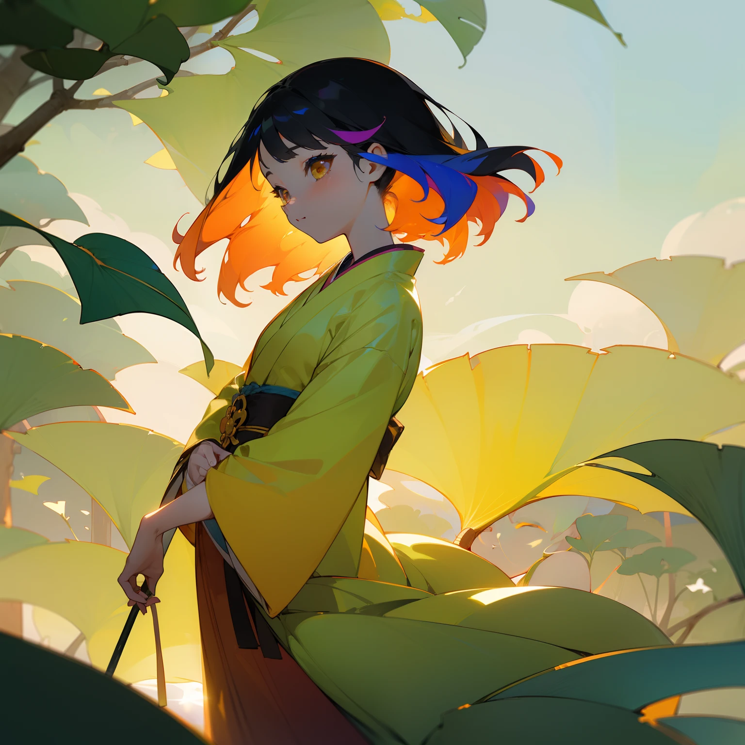 (Beautifully Aesthetic:1.2)、(1girl in:1.3)、(colourful hair、half black、Half Orange:1.2)、Eau、liquids、natta、colourfull、Beautiful sunset、Fantastic Twilight、Big ginkgo tree、Lots of gingko leaves are dancing、Japanese dress、Gentle expression、