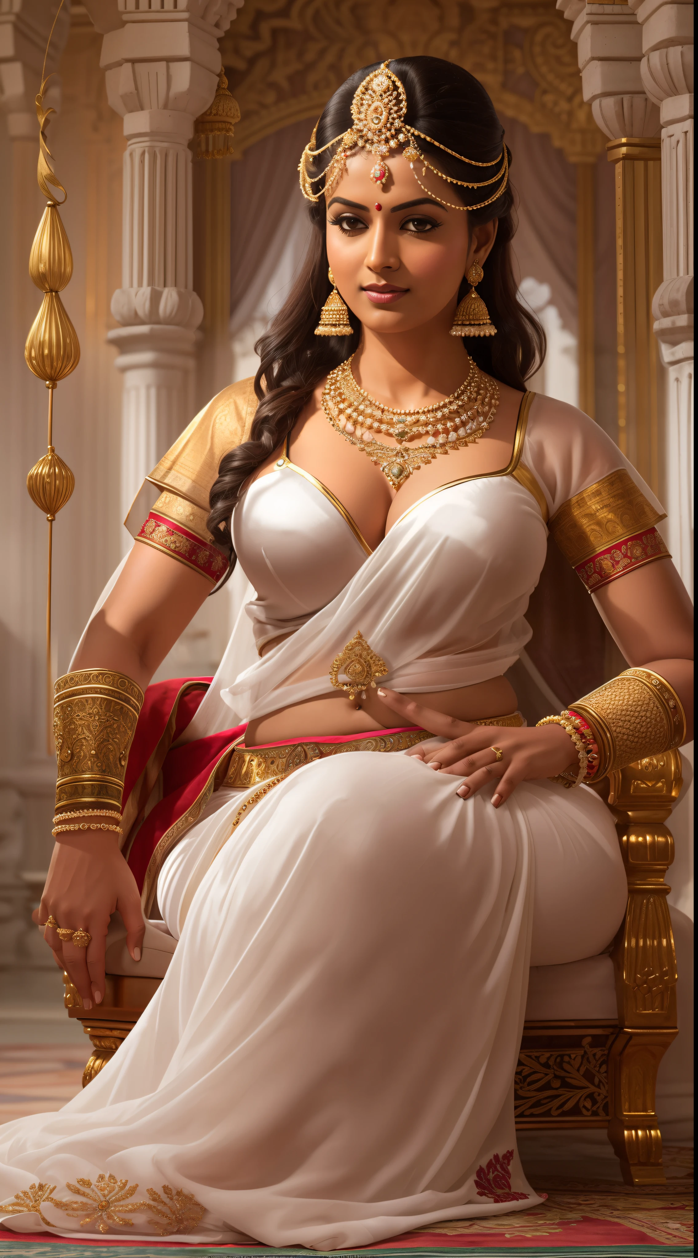 Sitting image of sexy lusty Desi woman in kerala royal maharani thamburatti slightly transparent white warrior dress, sexy busty thighs and navel, Jasmine flowers on hair, her big bust covered with just jewels and ornaments and jasmine flower curvy sexy busty thighs navel and waist chain and warrior mode holding thin sword and armour lusty face and expressions, throne behind her, royal room