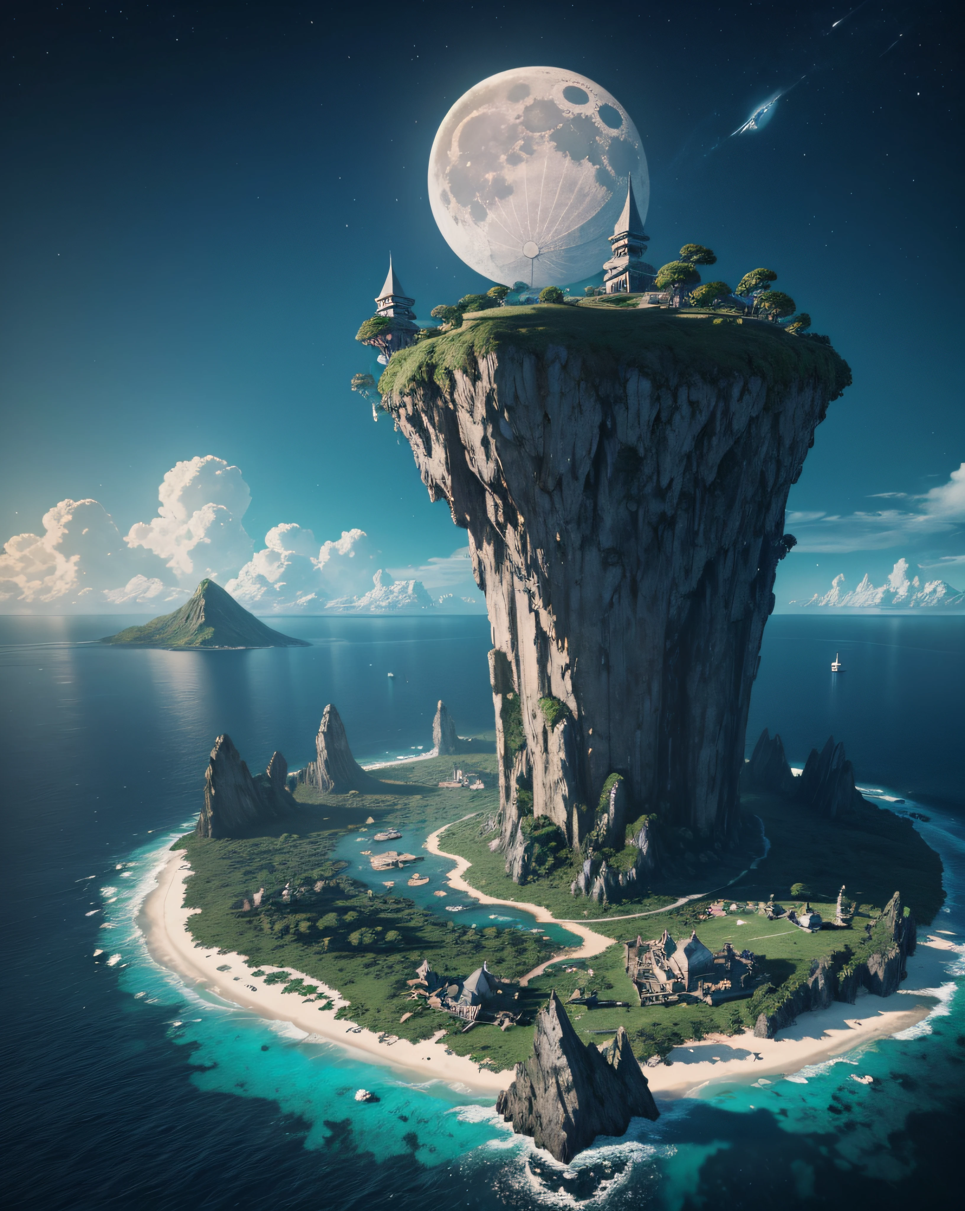 a highly detailed scene Where a lots of islands float in the sky. 8k, octane render, Intricate hyperdetails, Symmetrical, giant bright moon and vault of heaven in the background --auto