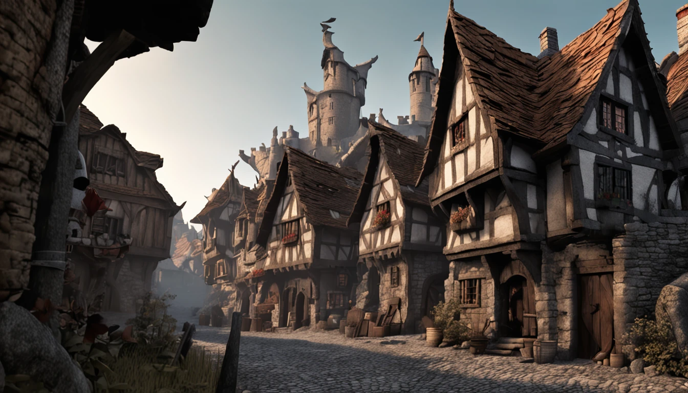 A chaotic and frighteningly realistic village, with meticulously detailed medieval wooden houses and authentic stone brick streets, being fiercely attacked by a sinister and evil dragon, whose scales glow in a dark and menacing tone.