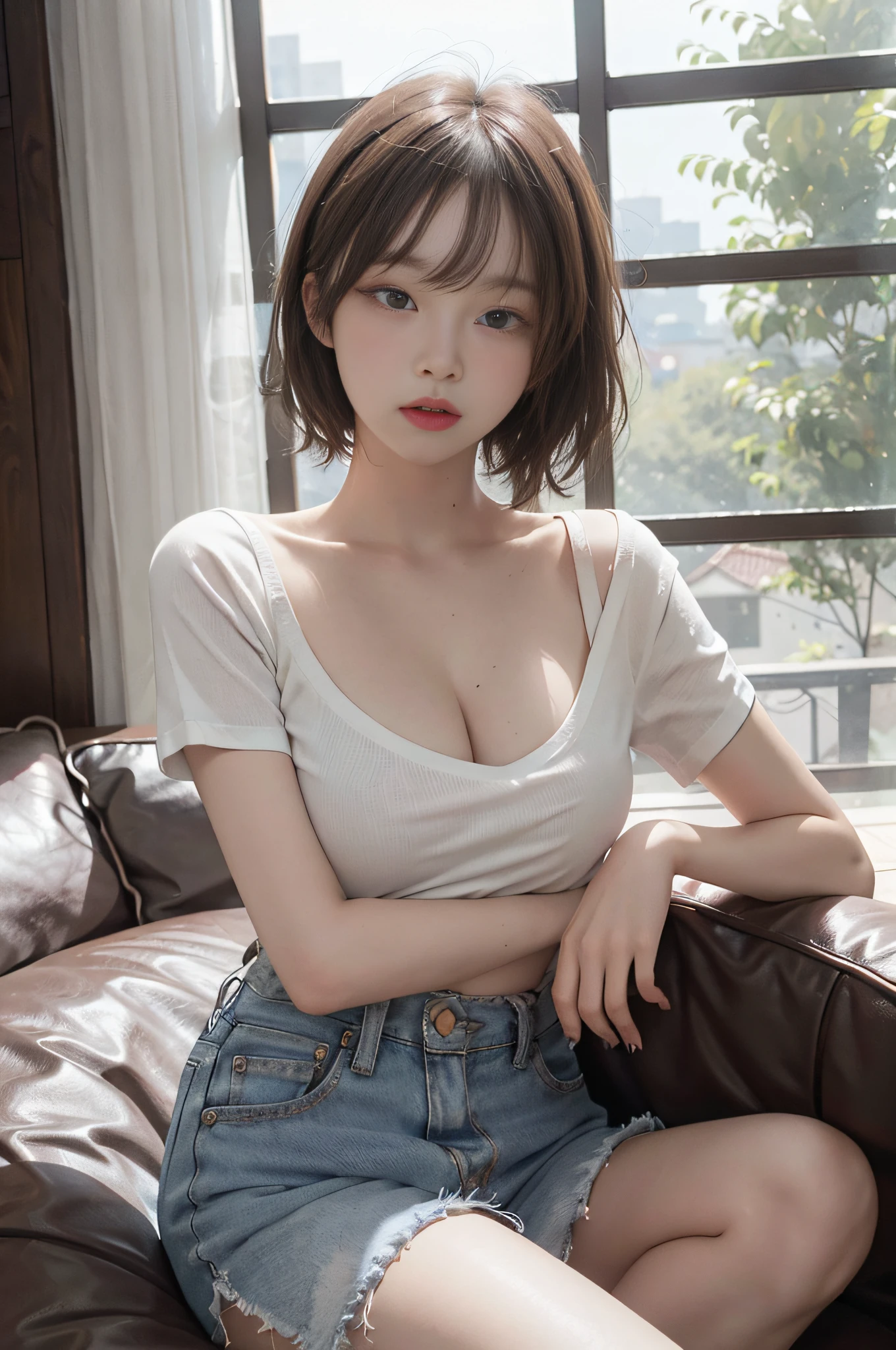 Top image quality、Raw photography、超A high resolution、An 18-year-old woman、Shooting for one person only、modelshoot、big round chest、cleavage of the breast、tshirts、short trousers of black color、Beautiful Eyes of Details、very elongated eyes、Beautiful eyelashes、Beautiful double eyelids、white walls、very slender legs、Shorthair with light brown hair、very slender physique、Very small buttocks