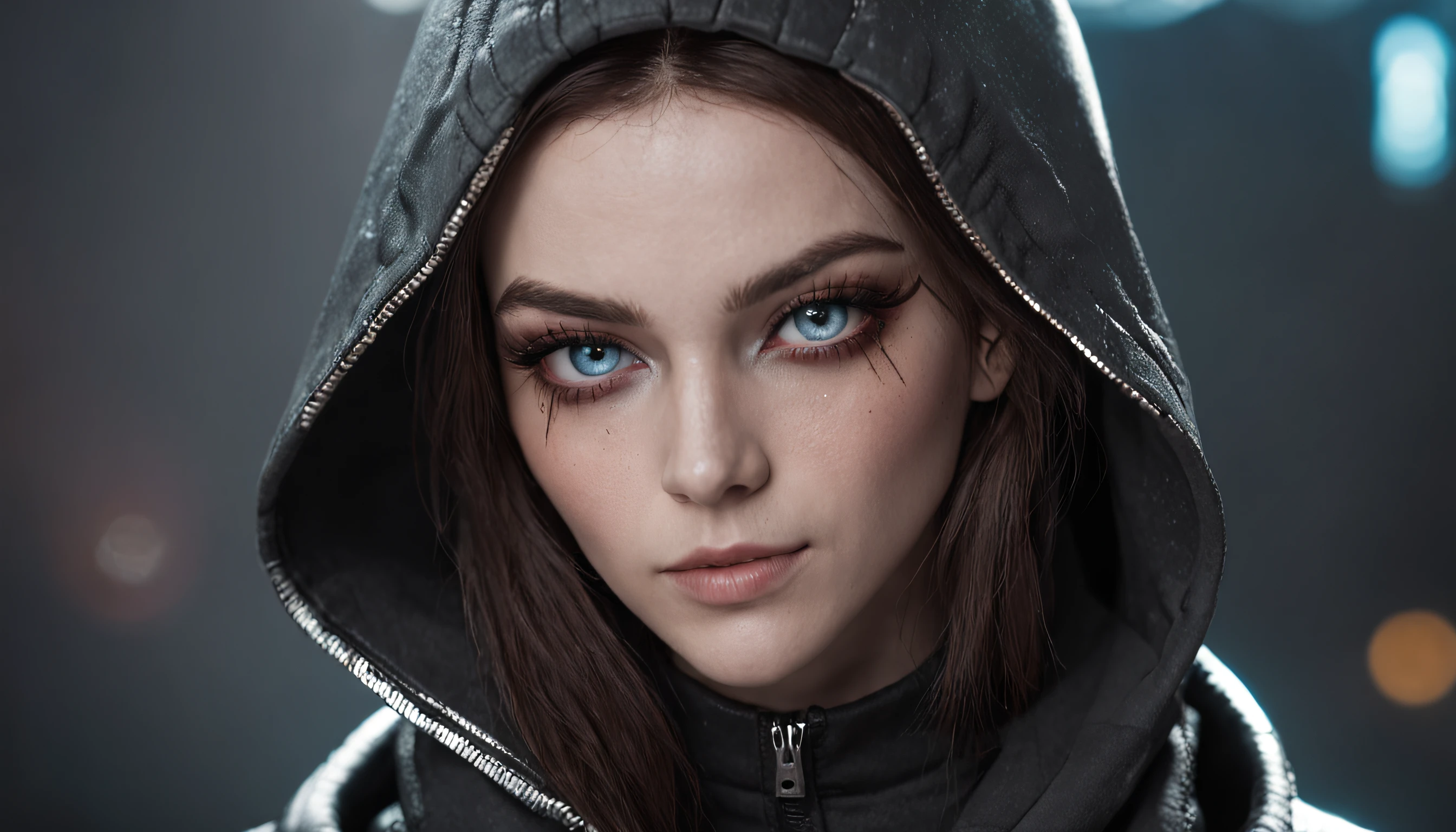 solo, a beauty woman,cyberpunk,hoodie with cyberpunk features, sparkle eyes,blue pupils, perfect eyes, in a cyber punk city parking lot,thin gap