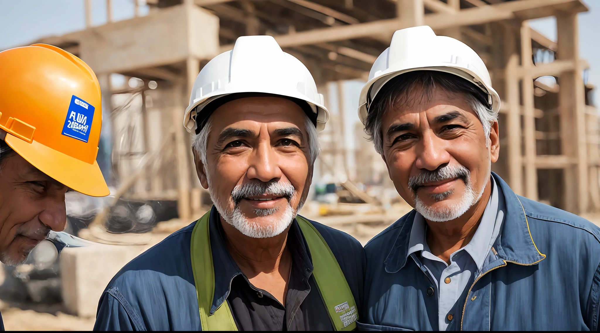 Instagram photo, full body closeup face photo of 58 y.o man Pakistani face, embracing him role as a construction worker, beautiful face, him warm smile contrasting with her rugged attire, portraying strength as a construction worker, Sony A6400 with 16-50mm f/3.5-5.6 lens, balanced outdoor light, lifestyle photography. bokeh, motion blur