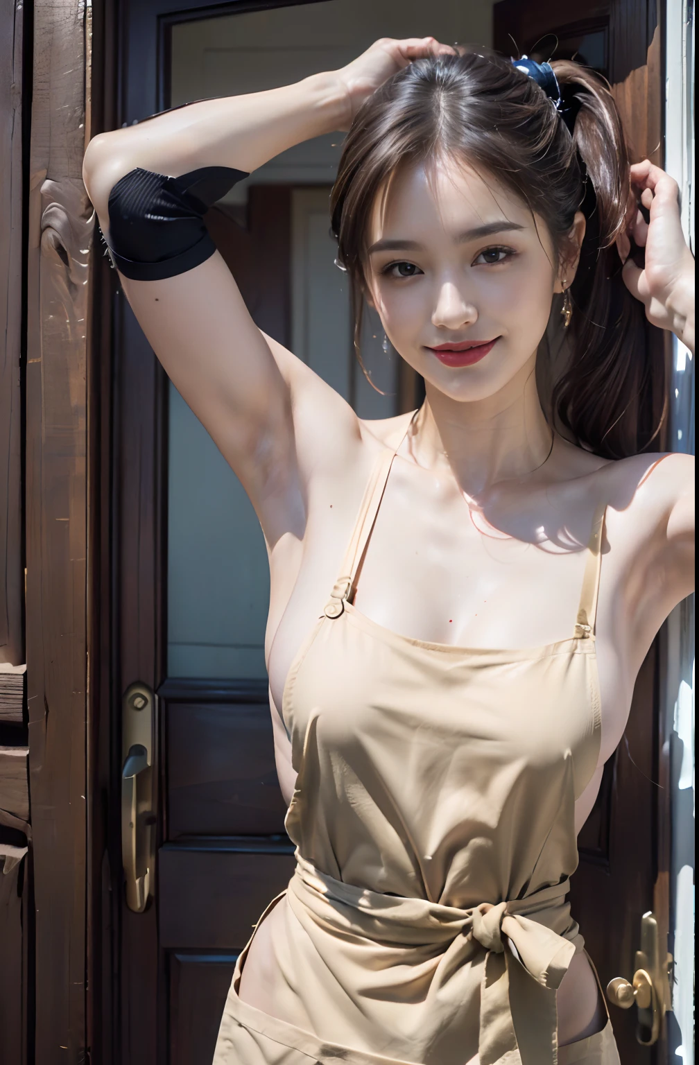 ((Wear a short apron naked、Small size of apron、The lower chest is always visible、Visible lower chest apron、Raise your hand to show your armpits、Show underarms、Ultra-realistic armpits、Armpit、Navel、Detailed armpit wrinkles、Stand up straight、realistic navel、The length of the apron is a short apron with a waist length、Detailed armpit pores、Realistic armpit skin、Black armpit skin、Detailed and realistic armpits、armpit pose、The front door is open、gazing at viewer、smil、Full body armpits standing facing the viewer、Show both armpits、Naked in a waist short apron、Stand straight facing the front、Show armpits、Stand at the front door of the house、Watched over by a pizza delivery man、Stand in front of the delivery man at the front door of your house)), (illustratio), (hight resolution), (8K), (ighly detailed), (The best illustrations), (armpit pose、Raise your hands in a bare apron to show your armpits、beatiful detailed eyes), (top-quality), (ultra-detailliert), (​masterpiece), (wall-paper), (详细的脸、red lipsticks), (A smile、((40 years,red lipsticks,femele,Show realistic armpits))、Brown hair,high-ponytail Hairstyle,((Wear only an apron、Show the navel、Show armpits)), japanes,(Slim body、Small)