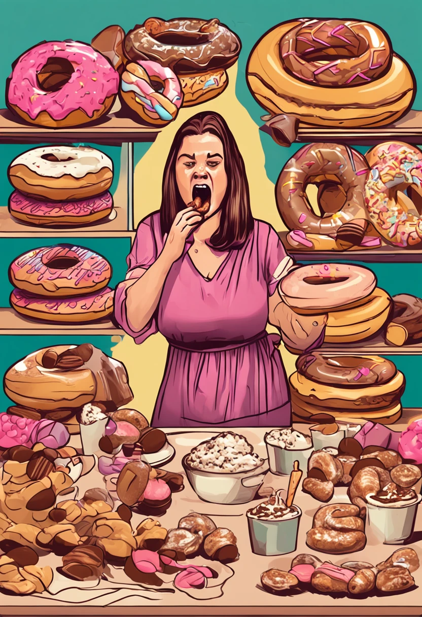 fat woman being attacked by sweets. donuts trapping your hands and chocolates going into your mouth. funny realistic style
