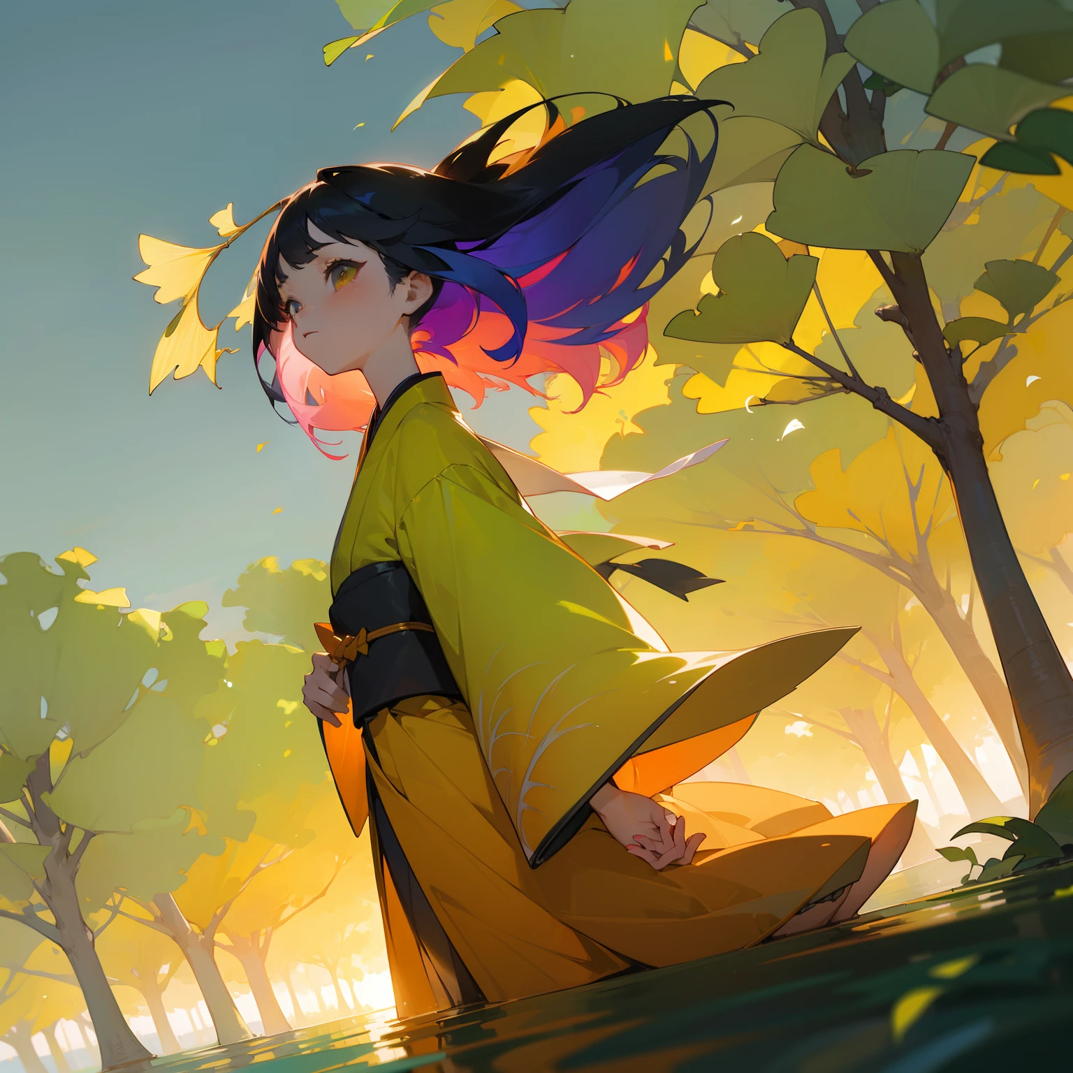 (Beautifully Aesthetic:1.2)、(1girl in:1.3)、(colourful hair、half black、Half Orange:1.2)、Eau、liquids、natta、colourfull、Beautiful sunset、Fantastic Twilight、Big ginkgo tree、Lots of gingko leaves are dancing、Japanese dress、Gentle expression、