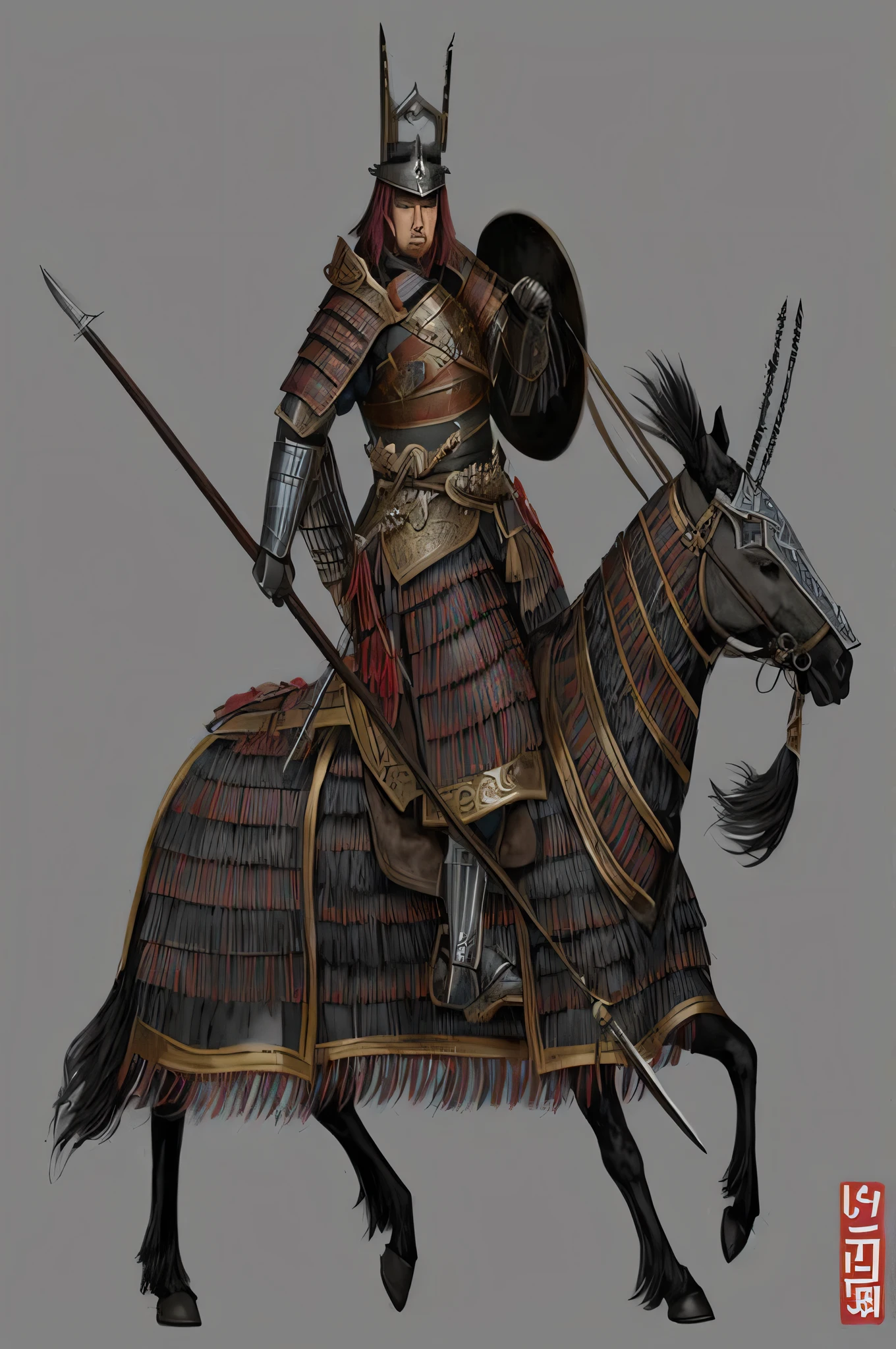 a man in armor riding a horse with a spear and a shield, horse warrior, mongol, heavy cavalry, concept art of a warrior, feudal japan art, traditional japanese concept art, epic samurai warrrior, chinese armor, for honor charector concept art, inspired by Hu Zaobin, chinese warrior, inspired by Kanō Hōgai