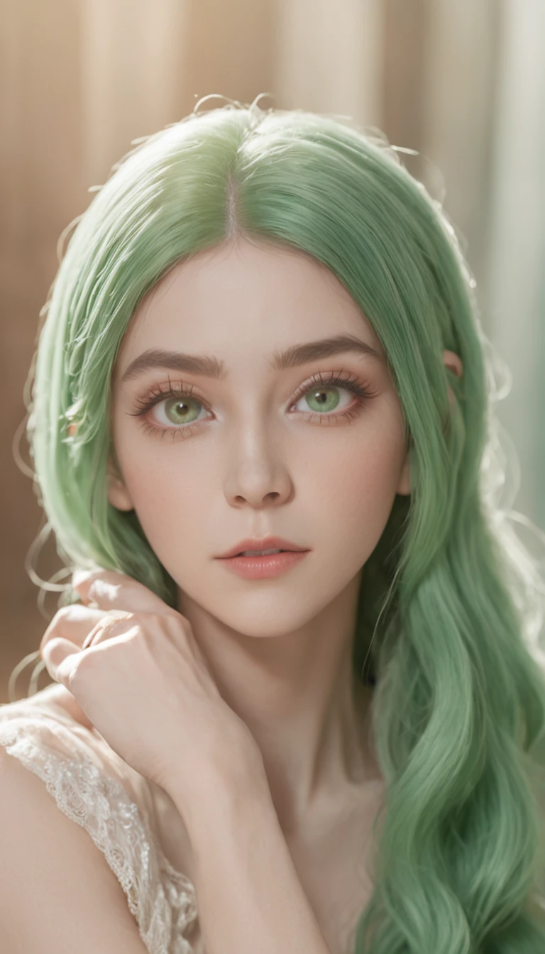 RAW, professional photograph, movie photograph, medium shot, ((Urusei Yatsura)), ((Lum)), Female elf, young elf, lying on bed, see-through, cute face, soft facial features, almond eyes, green eyes, diamond face, light skin, green hair, long hair, straight hair, flat body, Realism, hyperrealism, ray tracing, high details, super detail, UHD, 8k