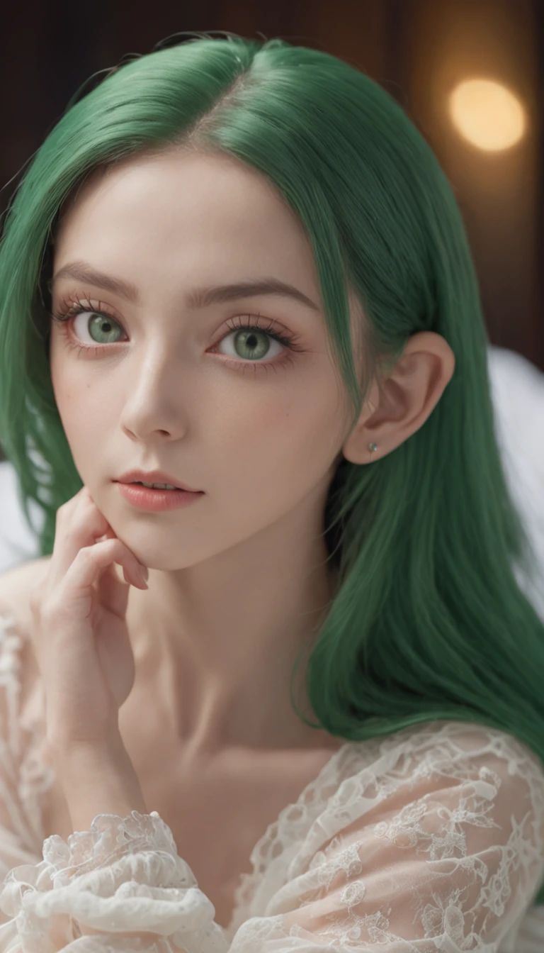 RAW, professional photograph, movie photograph, medium shot, ((Urusei Yatsura)), ((Lum)), Female elf, young elf, lying on bed, see-through, cute face, soft facial features, almond eyes, green eyes, diamond face, light skin, green hair, long hair, straight hair, flat body, Realism, hyperrealism, ray tracing, high details, super detail, UHD, 8k