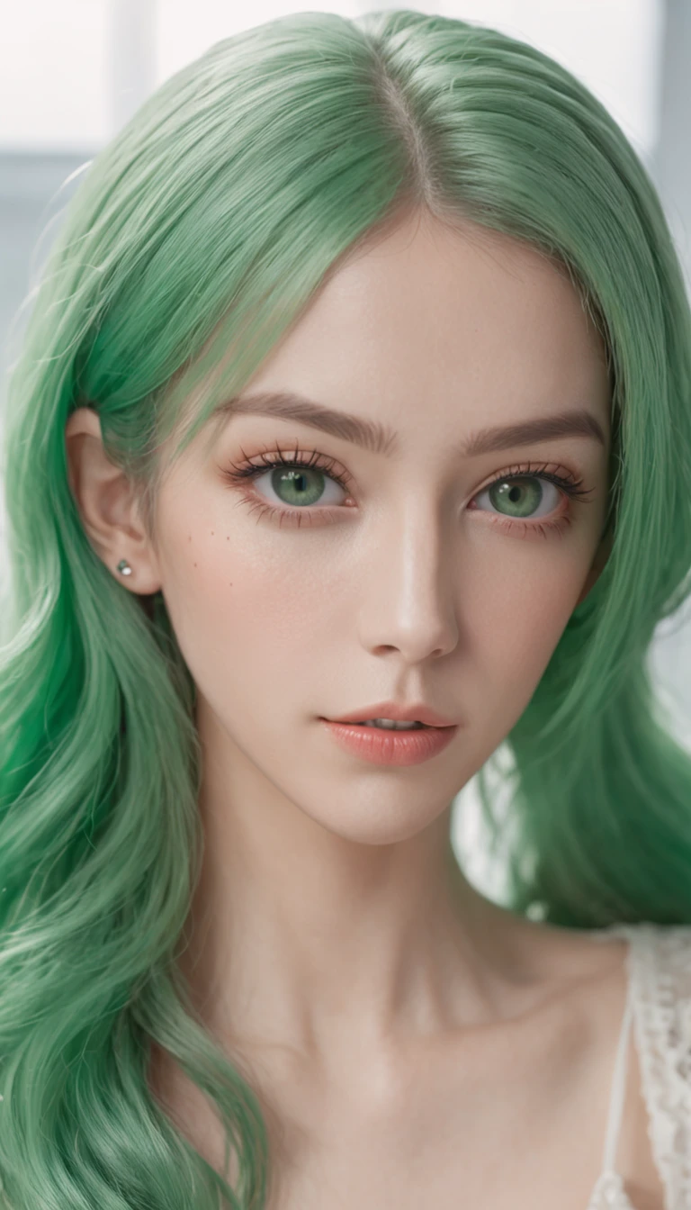 RAW, professional photograph, movie photograph, medium shot, ((Urusei Yatsura)), ((Lum)), Female elf, young elf, lying on bed, see-through, cute face, soft facial features, almond eyes, green eyes, diamond face, light skin, green hair, long hair, straight hair, flat body, Realism, hyperrealism, ray tracing, high details, super detail, UHD, 8k