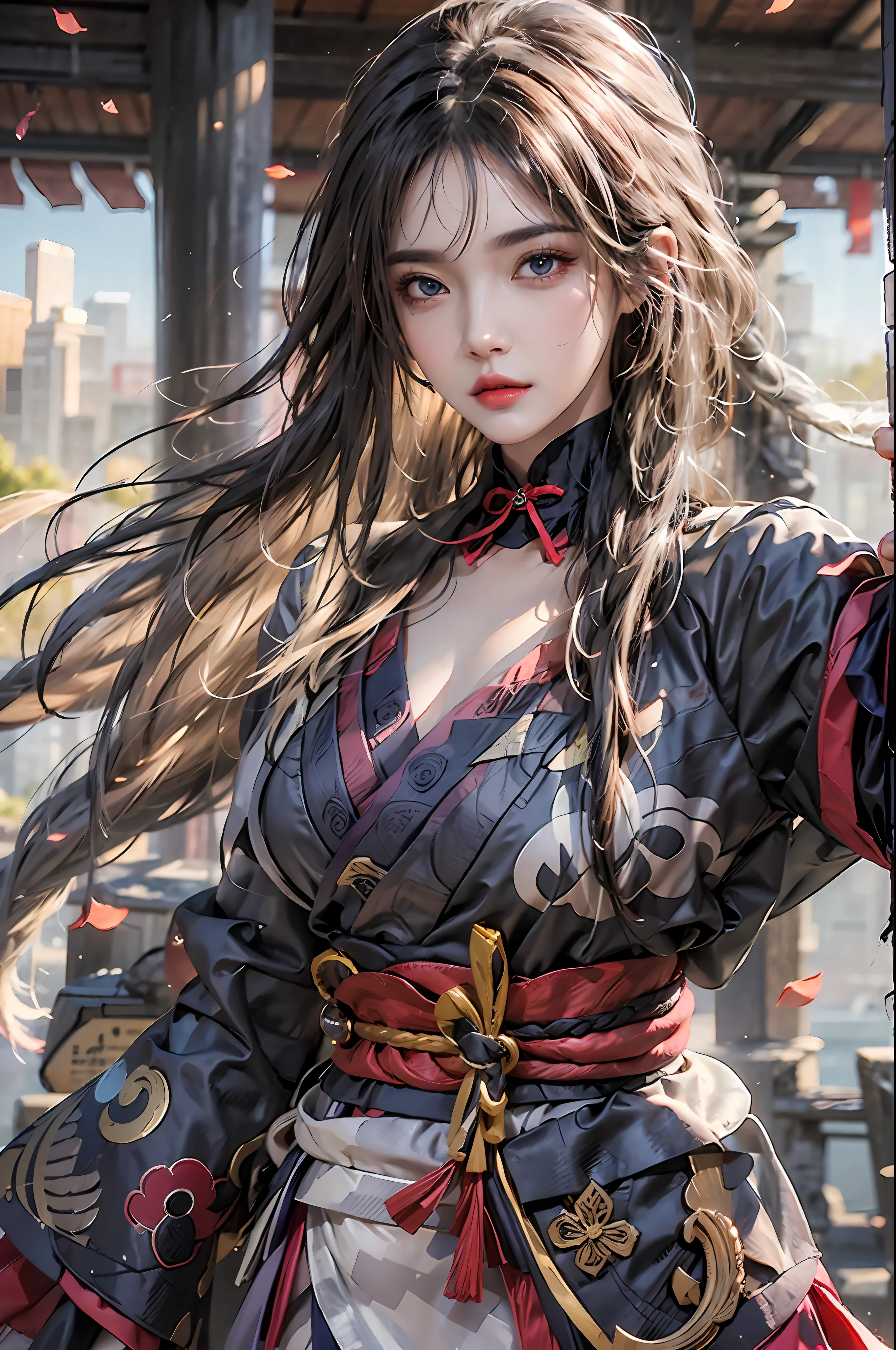 Reality, high resolution, 1 girl, Hips up, long hair, beautiful eyes,have_flower, top have, Brown_hair, closure_Mouth, Hibiscus, Red_Rose, _lily, Bangs, Brown dress coat, (Huge sagging breasts、Cleavage,)),cleveage、, Thick thighs,Button coat, shorts, Thick thighs, Hu Tao \(Genshin Impact\