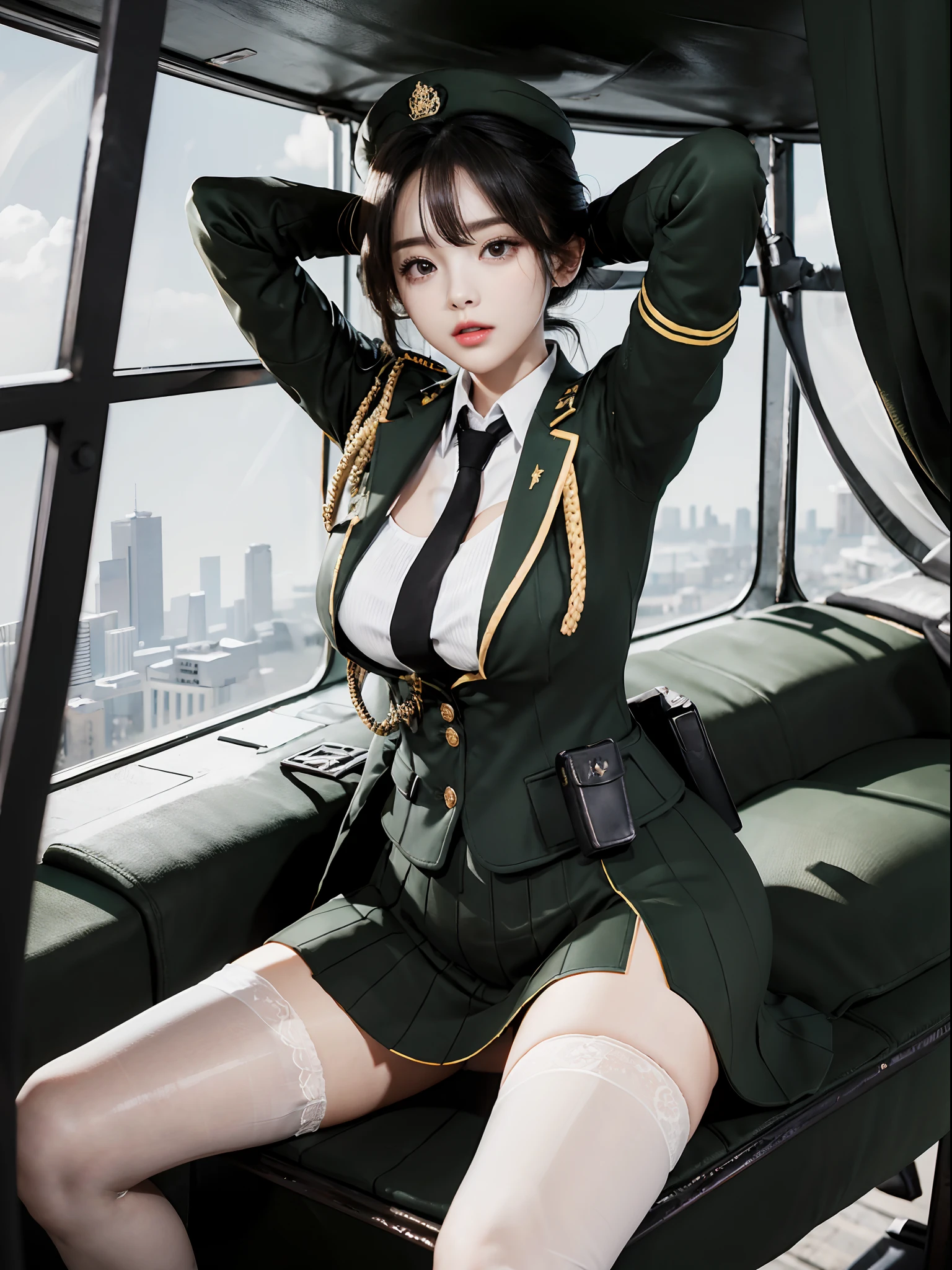 Very detailed CG unity 8K wallpaper，（tmasterpiece），（best qualtiy），（ultra - detailed），（Ultra photo realsisim），（best character detail：1.36），Nikon D750 f / 1.4 55mm，profesional lighting， physically-based renderingt, 1girll, Female soldier，army suit，Green military uniform，Long-sleeved military uniform，Fabric texture military uniform，The jacket is lined with a plain white shirt，The white shirt was soaked with sweat，The fabric of a soaked white shirt sticks to the chest，Dark green tie，(Army green skirt)，military hat，Black hair，the golden ratio,[:(com rosto detalhado:1.2):0.2]:,PureErosFace_V1, broad shoulder,(Plump breasts:1.5),(Bigchest:1.5),(big assa:1.5)，Wide buttock ，Bare legged，Plump legs，White panties are slightly exposed at the bottom of the skirt，whitestocking，without wearing shoes，Soaked with sweat，red flags，on a grassy field，bright sun，Bright smile，White teeth，lighting，Contre-Jour，