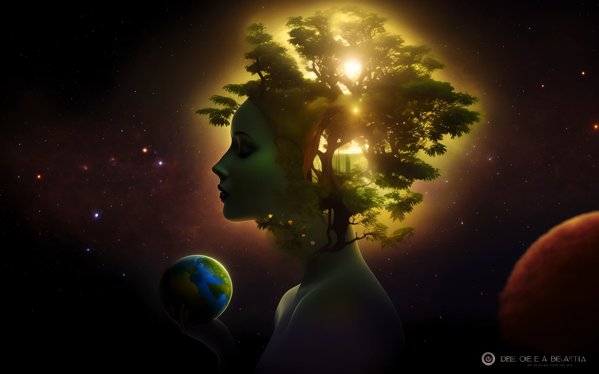 Woman with a tree in her hair holding a green apple, Mitologia da Deusa da Terra, Deusa da Natureza, mother earth, Gaia Humano e Digital, Mother Nature, cosmic tree, cosmic tree of life, the oracle of trees, deusa da natureza, World Tree, breathtaking digital art, bela arte digital, the world tree, tree of life seed of doubt, bela arte digital