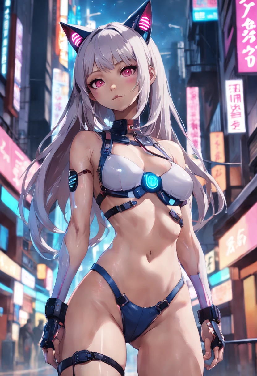 (RAW photo, best quality, masterpiece:1.2), (realistic, photo-realistic:1.4),(masterpiece:1.4),(best quality:1.4), ((sexy cute Japanese cyberpunk catgirl)), ((slender body)), big breasts, :d, (bangs), blush, ((colorful body harness)), ((dynamic pose)), (cowboy shot), (((cyberpunk city streets background))), hair intakes, ((shapeless long hair)), glowing neon accents, looking at viewer, sidelocks, smile, (((thigh gap))), thighs, twintails, very long hair, multicolor hair, alice \(nikke\),(shiny skin),realistic.