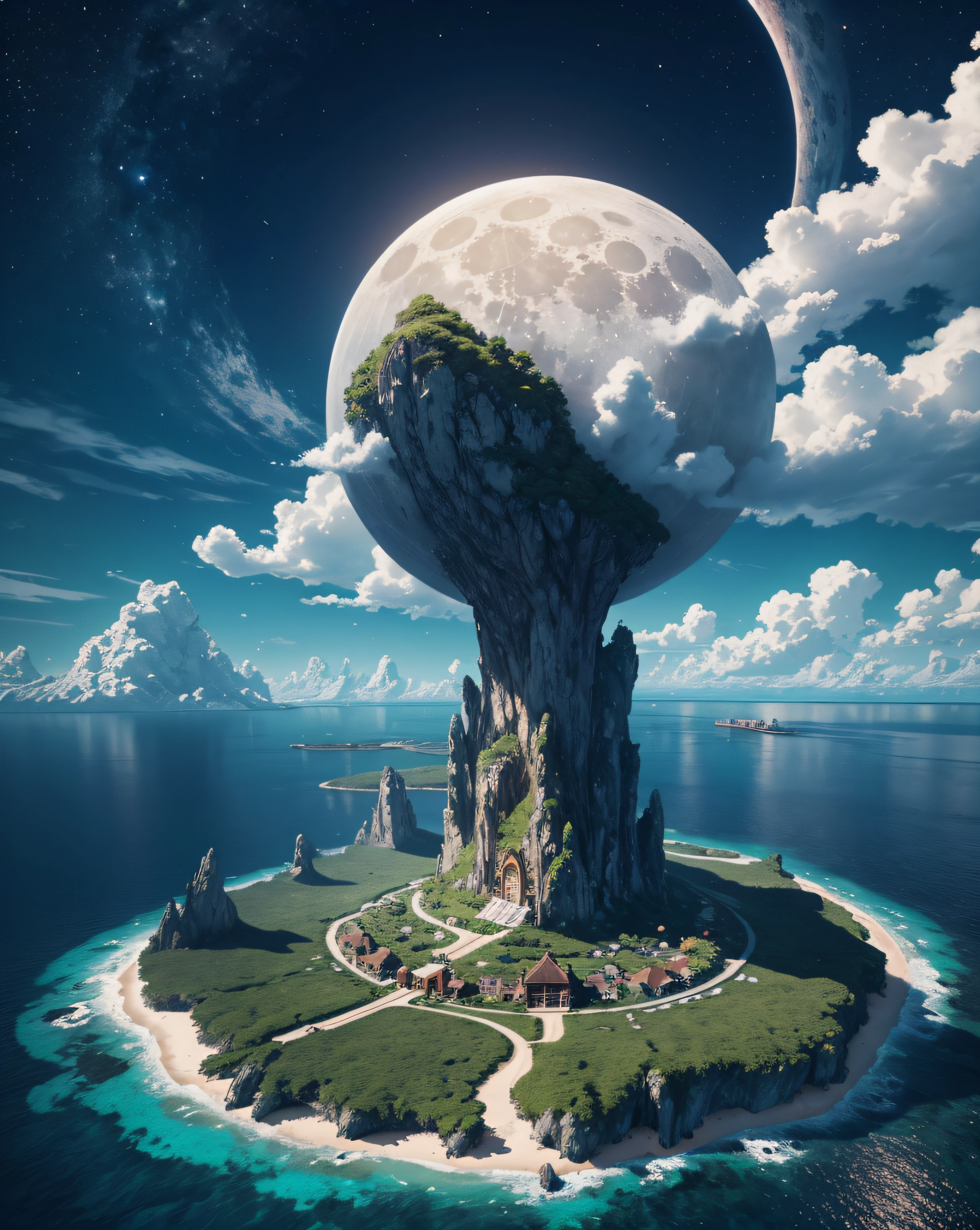a highly detailed scene Where a lots of islands float in the sky. 8k, octane render, Intricate hyperdetails, Symmetrical, giant bright moon and vault of heaven in the background --auto