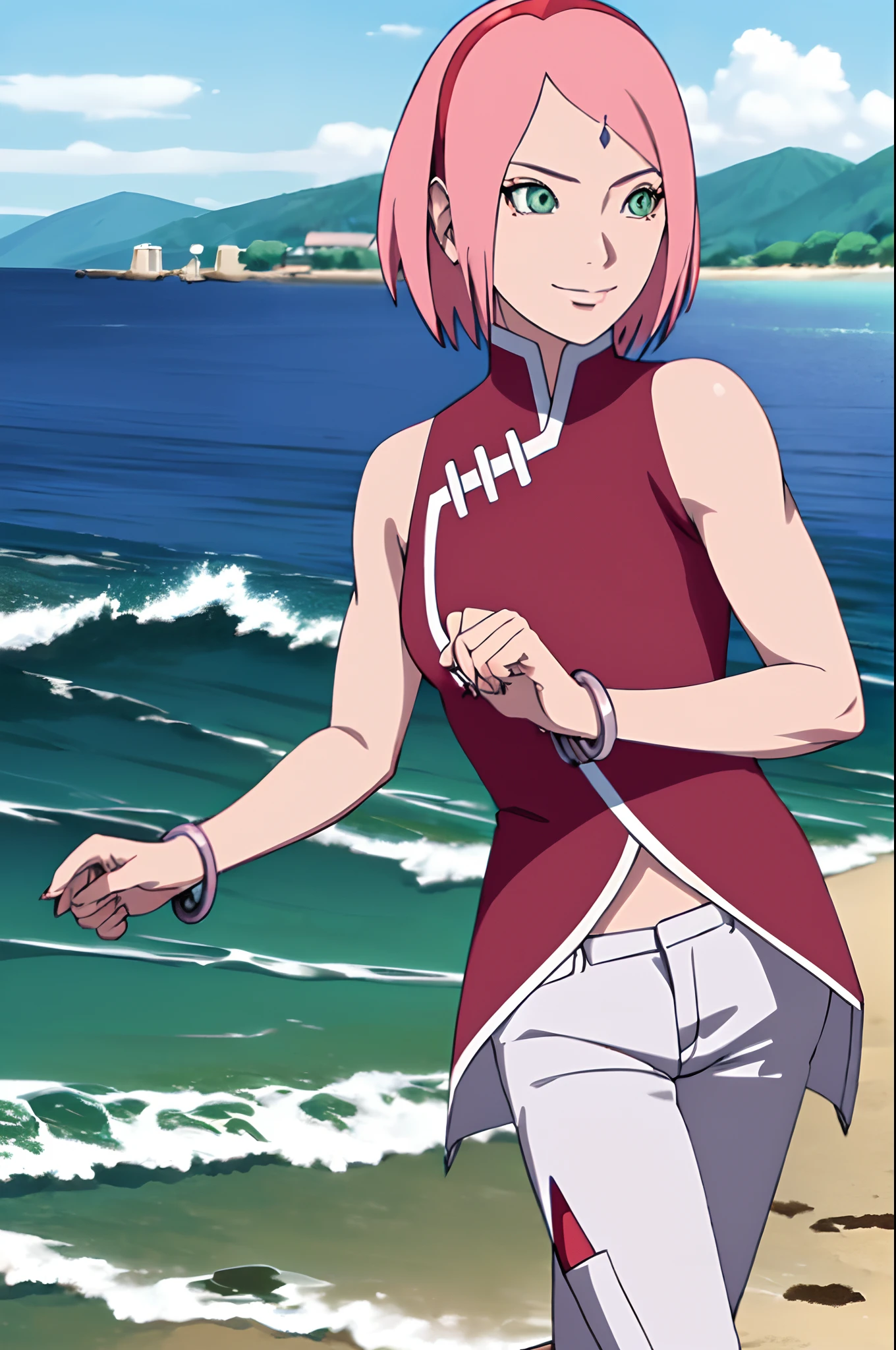 masterpiece, 1k, portrait, face shot, professional artwork, detailed beach background, intricate details, colorful, digital blending, (ultra detailed body, ultra detail hair, ultra detail face), trending on pixiv, kind smile, very hot color, best quality, anime style: 1.9, 1girl, hires, haruno sakura, contrasty lighting, (forehead mark, milf, red hairband, pale skin, short hair, ((red sleeveless dress), white pants), navel, groin, bracelet, looking at viewer, crossed arms, pink hair, green eyes, smile, beach, wind, floating hair, detailed arms, off-shoulders, slightly muscular arms, standing), sunnyday