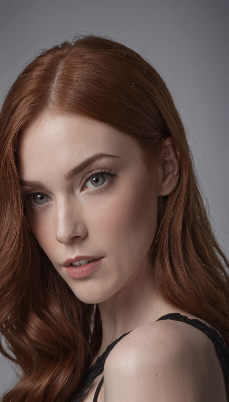 (fotografia em close-up de uma mulher inspirada em Karen Gillan),(em um plano de fundo preto escuro:1.24), Looking at camera, posing for camera, ((corpo inteiro:1.2)), ((Photo taken from bottom to top angle))