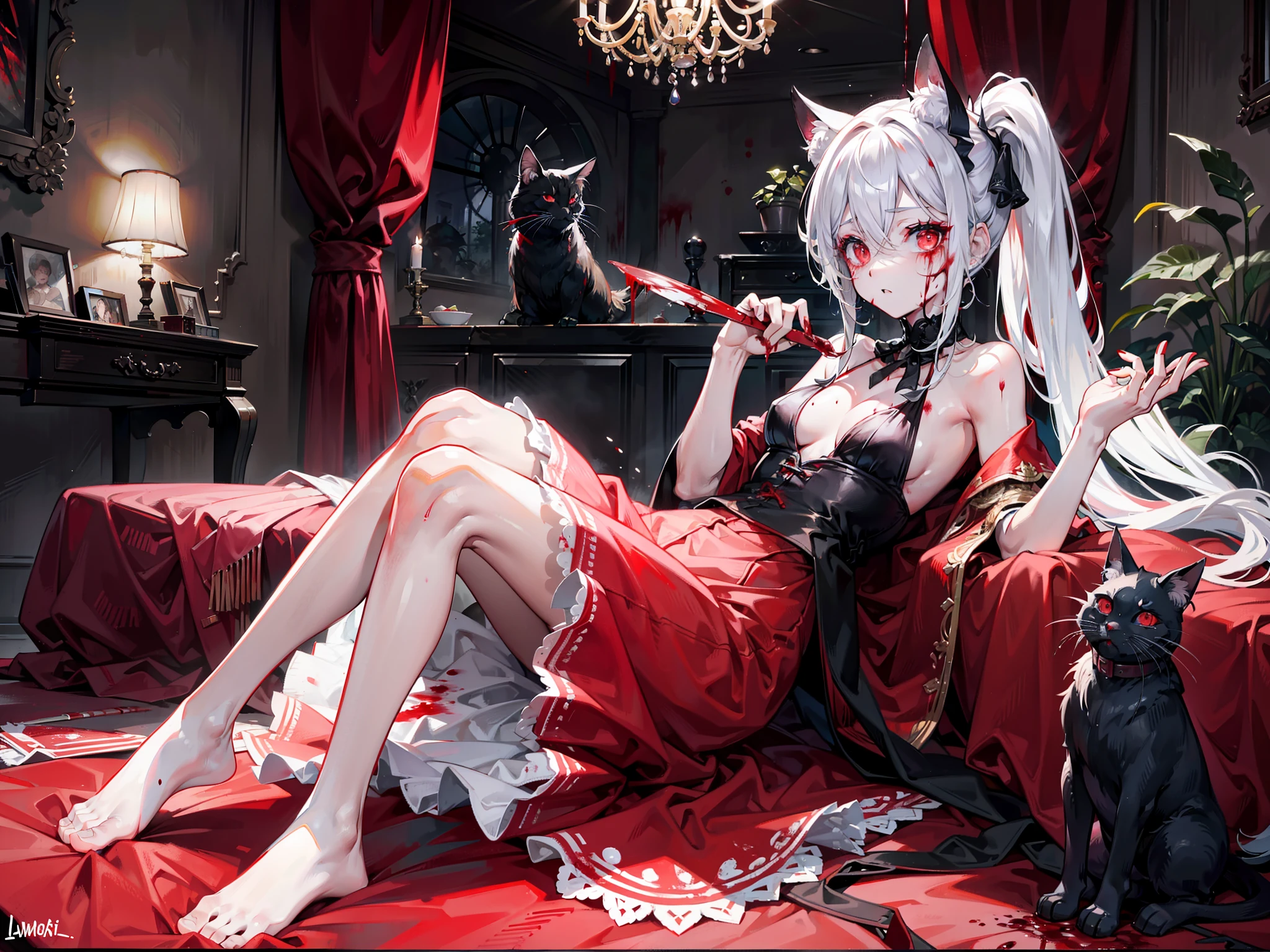 His face was covered in blood,Red eyelashes,The legs were covered in blood,The feet were covered in blood,Covered in blood,There was blood in the house,Grimly,His hair was covered in blood
