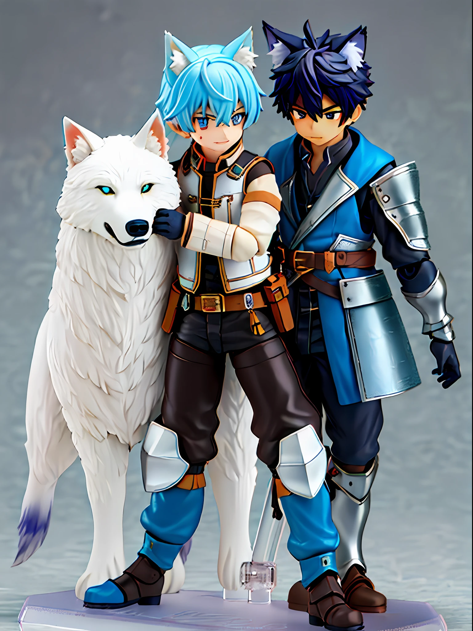 ((younge boy)), Wolf ears, Locomotive goggles, Silver dye,Blue dye,mechasuit,Armoured gloves, Racing boots, ,tchibi, blindbox,Clay texture, Best quality,a 3D render, Best quality, Lots of detail, vinyl toy figurine