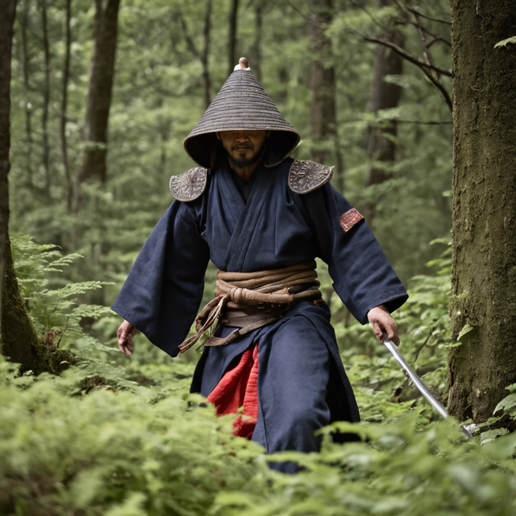 Amurai traveling through forests and mountains in search of the ingredient, Kendo facing dangerous creatures and overcoming obstacles to obtain the ingredient, Kendo returning triumphant with the potion and healing his master.