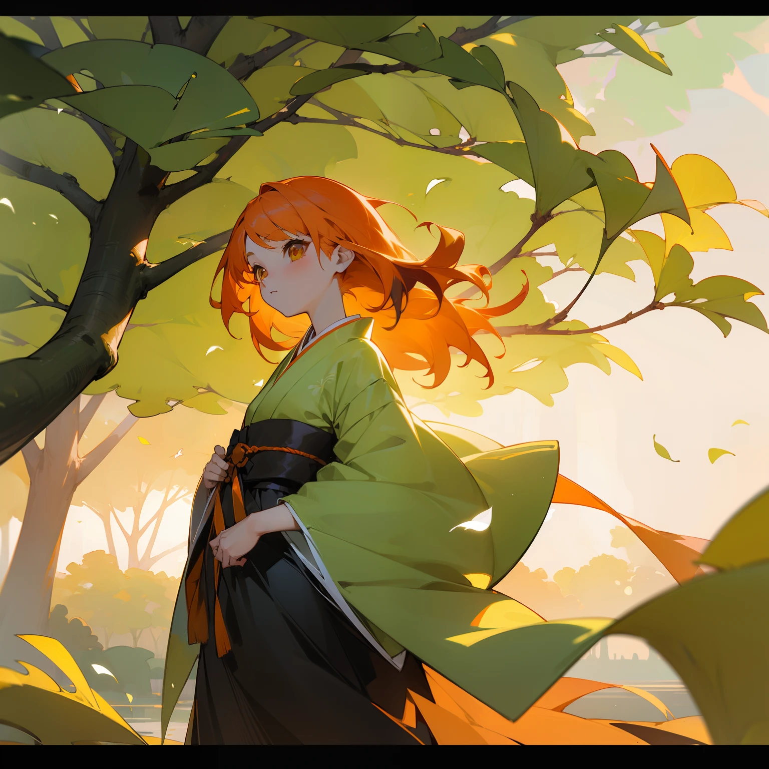 (Beautifully Aesthetic:1.2)、(1girl in:1.3)、(colourful hair、Black and orange hair:1.2)、natta、colourfull、Beautiful sunset、Fantastic Twilight、Big ginkgo tree、Lots of gingko leaves are dancing、Japanese dress、Gentle expression、