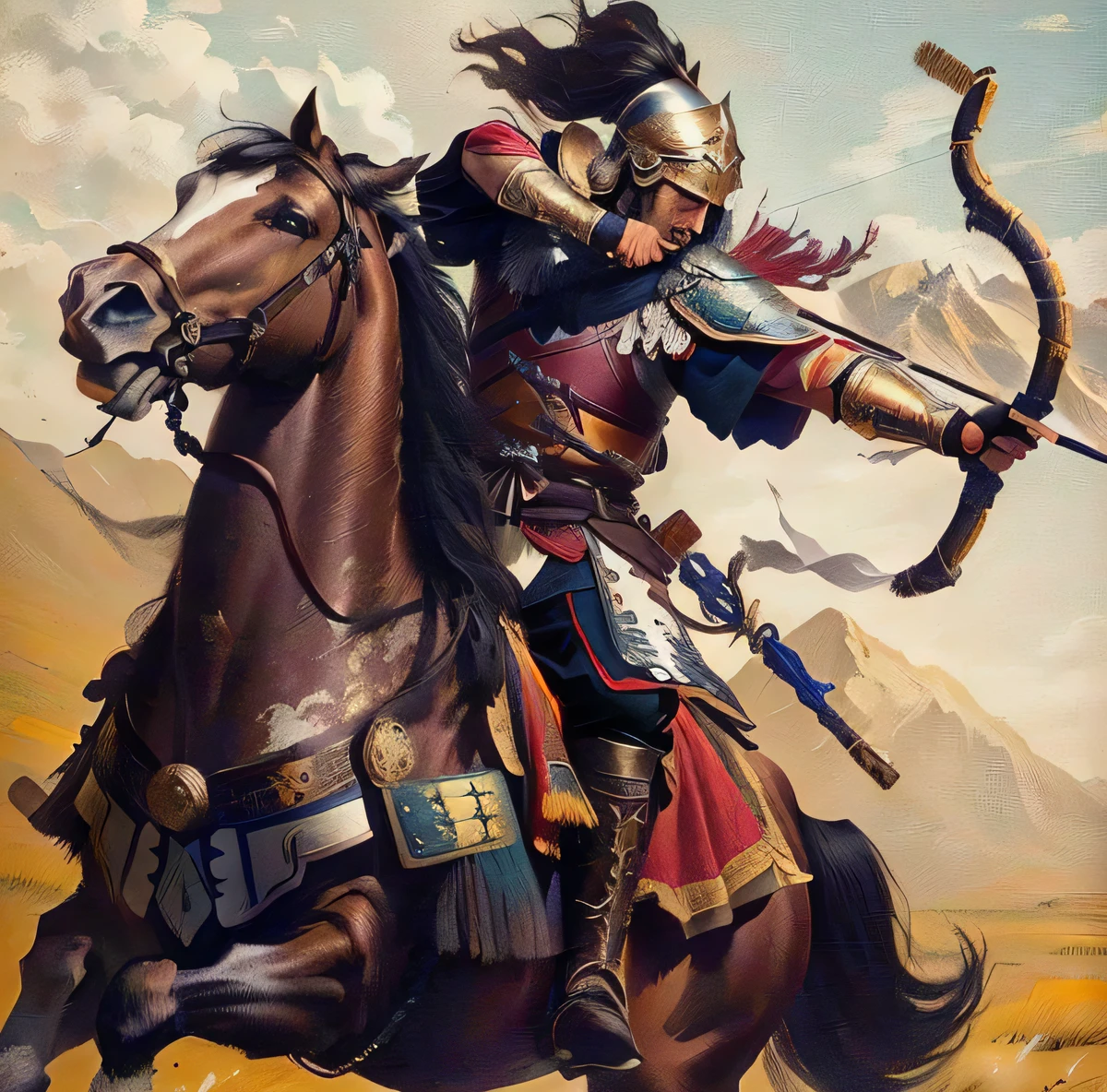 painting of a man on a horse with a bow and arrow, mongol, horse warrior, genghis khan, kurdish samurai, photo of genghis khan, persian warrior, ancient mongolian elon musk, mongolian invasion of iraq, chinese warrior, guan yu, zhao yun, heavy cavalry, ancient warrior, artist unknown, by Muggur, bow ashigaru