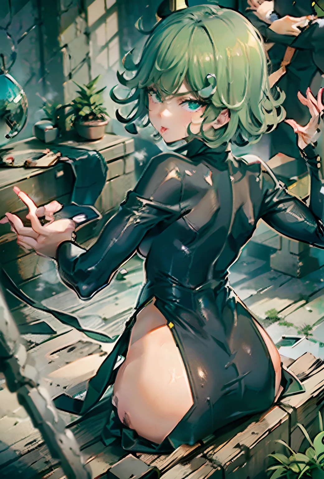 (best-Quality, 8K, 12), 1 girl, tatsumaki, Short Hair Hair, green hair, small-breasts, child, the perfect body, ultra detail face, detailed lips, Slender Eyes, gown, stands, enticing, Excited, convex areolas, steam, From Bottom, peace sign, tongue out, , cum on hair, cum on thighs, professional photo, 8k, best picture, camera angle from behind, tatsumaki looking back at camera