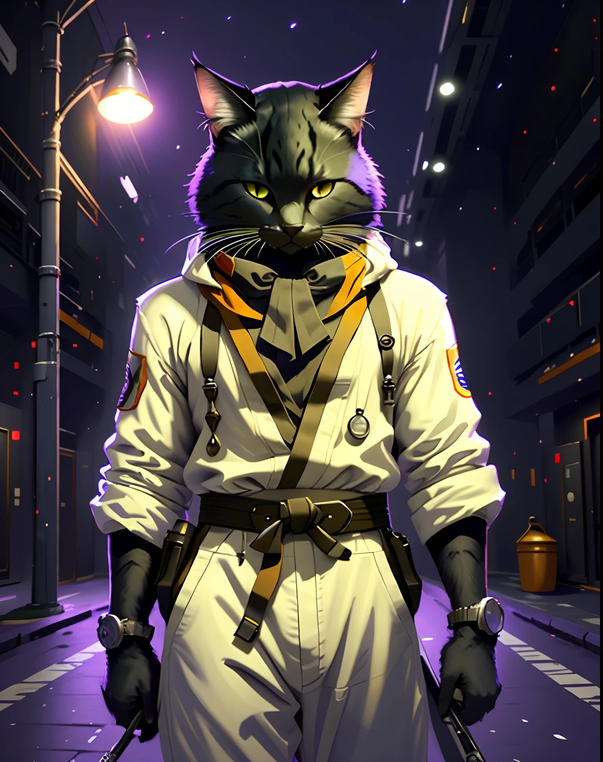 c4ttitude, black cat, full-body furry, assassin, wearing white jumpsuit outfit, purple bandana, focusing energy, street fighter, dramatic lighting, photorealistic, intricate, highly detailed, (detailed sports arena background:1.1), wallpaper, 8k, trending on artstation