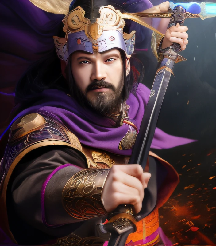 Alafed image of a man with a sword and a purple cloak, guanyu, bian lian, chinese three kingdoms, inspired by Hu Zaobin, inspired by Li Kan, from three kingdoms, inspired by Wu Bin, inspired by Huang Shen, chinese warrior, xianxia hero, Inspired by horse insults, feng shu, Inspired by Cao Zhibai