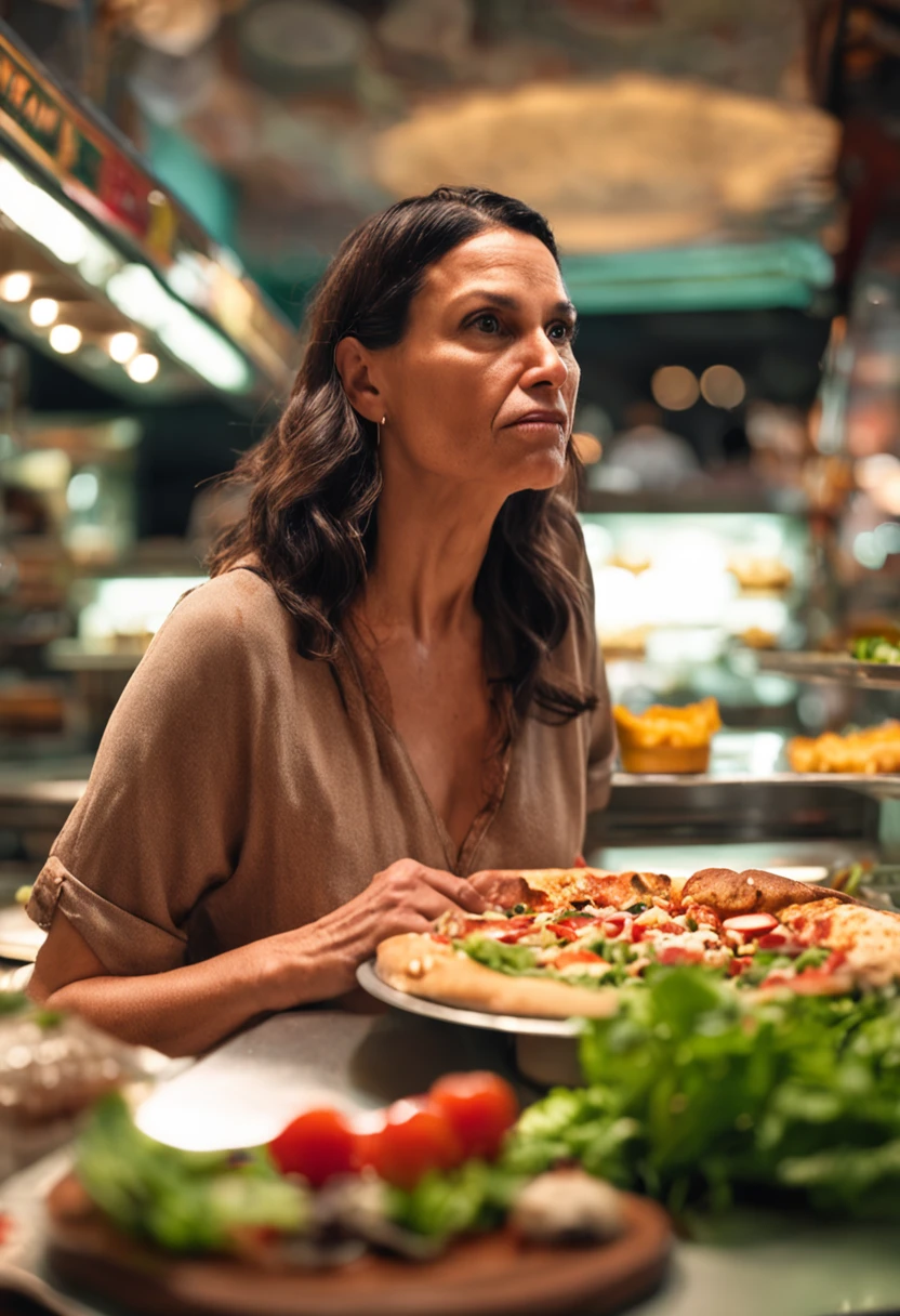 "Crie uma imagem que capture a realidade: uma mulher de 40 anos, sad expression, while trying to pick a salad amid a tempting selection of burgers and pizza."
