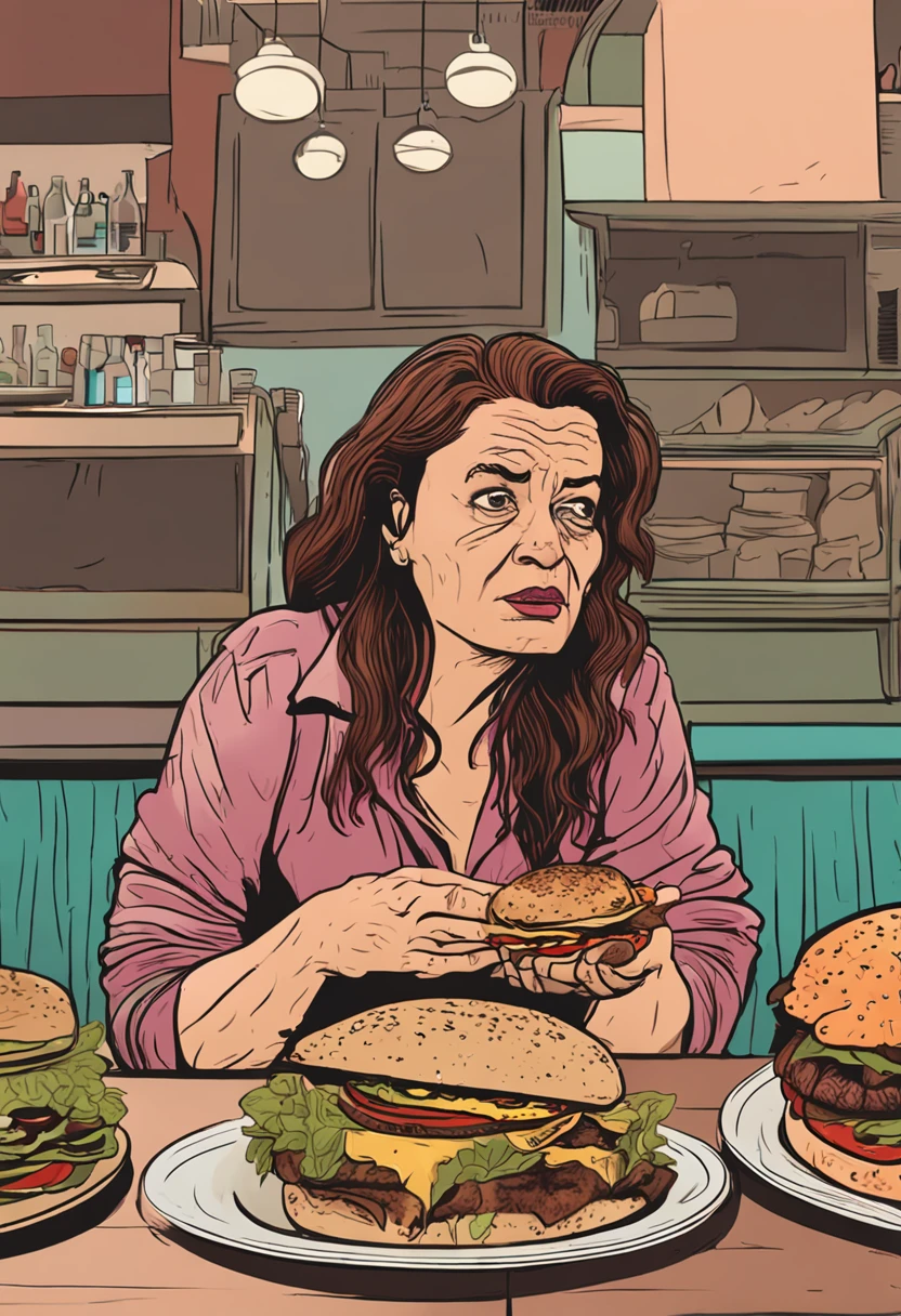 "Crie uma imagem que capture a realidade: uma mulher de 40 anos, sad expression, while trying to pick a salad amid a tempting selection of burgers and pizza."