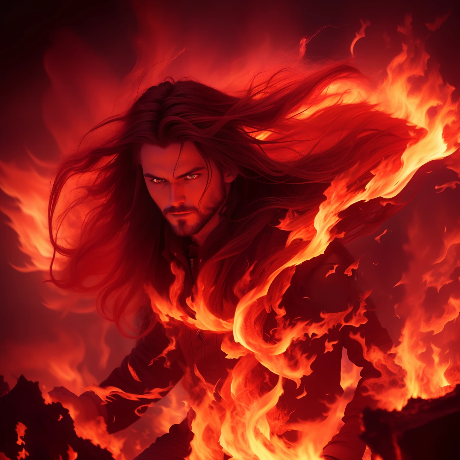 a close up of a person with long hair on a fire background, fire behind him, engulfed in swirling flames, fire demon, hair made of fire, engulfed in flames, wreathed in flame, hellfire background, holy flame spell, completely consisting of fire, fire mage, long fire hair, fire spell, he has eyes of fire, fire elemental, RAGE UNLEASEHD, CHAOS UNLEASHED
