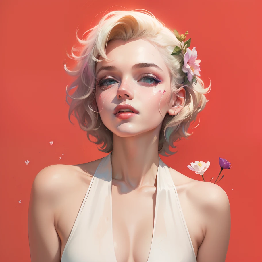 a painting by mse Marilyn Monroe by agnes cecile,1 girl, solo,face among the flowers, luminous design, pastel colours, mute color, ink drips, autumn lights, Create a digital art work in pop art style, featureing a vibrant and confident woman with bold makeup and colorfull fashion, cover with flowers on hair, cinematic color scheme, surrounded by abstract flower patterns,flowers backgroung, energtic brush strokes, the mood should be dynamic.reatistic.