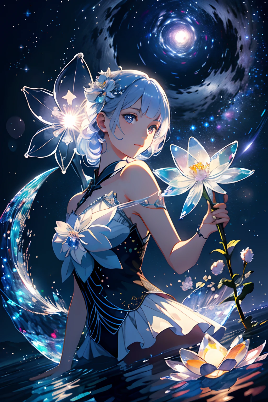 tmasterpiece, beste-Qualit, (Very detailed CG unity 8k wallpaper), (beste-Qualit), (the best illustration), (best shadows), glow sprite, (Without people:1.5), Lack of people,Night Landscape, Round Lake, It is surrounded by a forest wall of trees, (Lake, Shining with moonlight: 1.3), The sky, Full of stars, The moon hovered over the lake, (Shining threads of moonlight descend into the lake: 1.4), (A beautiful flower rises from the center of the lake:1.4 ), (Crystal flower:1.5), (Crystal petals shimmer in the moonlight:1.5), Multi-colored sparks swirl around the flower, Fantasy, Intricate, elegant, Highly detailed, Digital Painting, Artstation, Concept art, Matte, Clear Focus, illustartion. Very High Definition, Masterpiece, Amazing, Trendy ArtStation, 8K, UHd, high detail, Very high detail, Masterpiece, (particle fx) etc. D.........3d , Octane ренDеринг, ray traced, superdetail