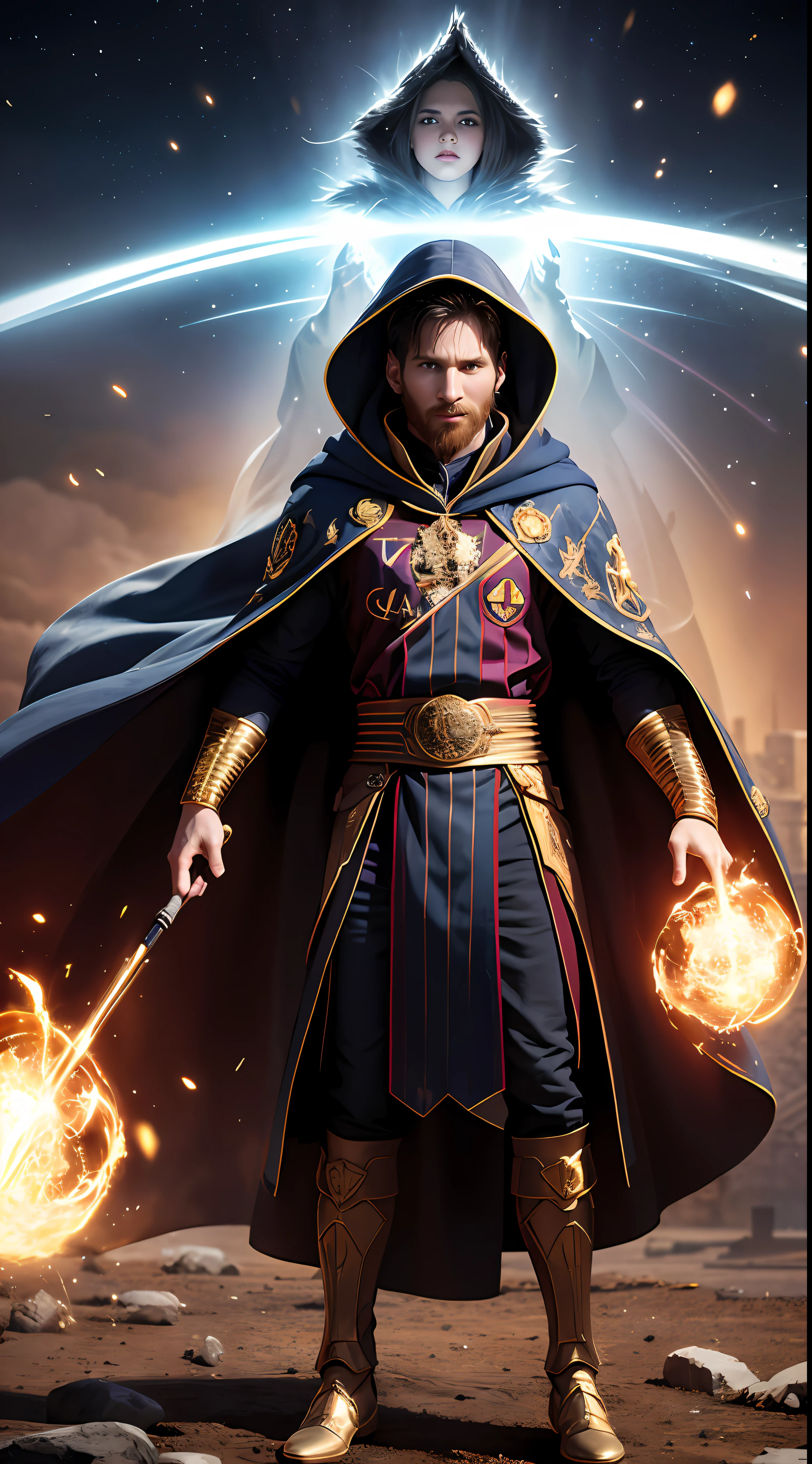 Lionel.Messi is wearing a magician's cloak,(skindentation:1.5), realisticlying, realisticlying, (masterpiece:1.5), concept-art, intricately details, highly detailed, realisticlying, rendering by octane, 8k, unreal-engine, dynamicposes, Best quality at best, A high resolution, (photorealiscic face:1.1), (Hyper-realistic:1.1), ((full_body)), (very highly detailed background), ((Dynamic background) ), ((salama)), (llight rays), ((Lionel.Messi)), is wearing casock, (((Flowing cloak))), ((Detailed eyes, High quality eyes, High quality face)), (Extremely complex robes, Magic robes), Cast lightning, eletric, rotating flame, Radiant force, spark of light, smog, magia, ((dramatic)), epic, battlefiled, depth of fields, Background bokeh, 4k, gotik, ashes, Particle