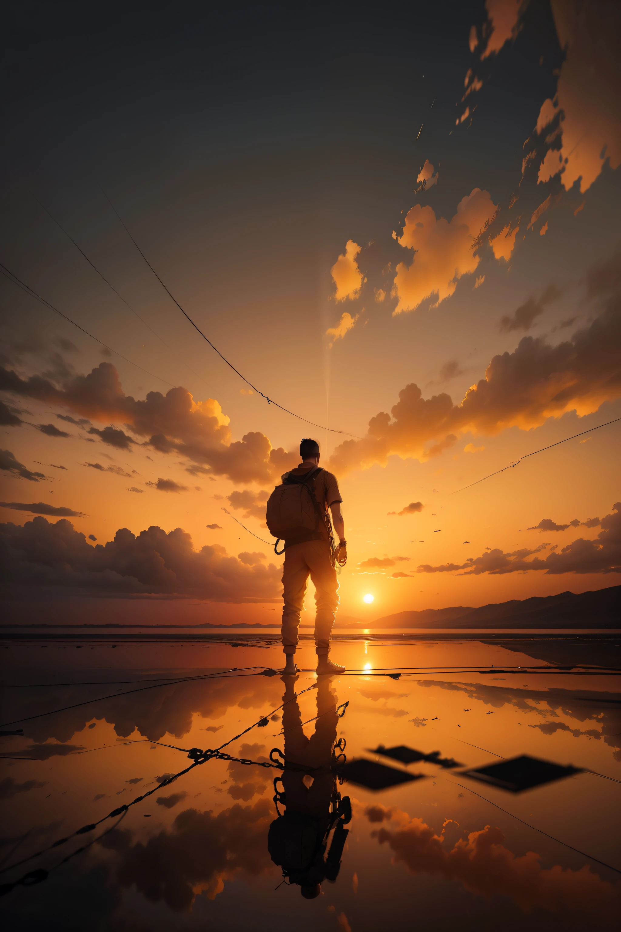 An orange and golden sky on the horizon, no primeiro plano, there is a silhouette of a person, with your back turned back, olhando para o horizonte. A person surrounded by thick chains these chains are beginning to unravel with broken fragments falling to the ground.